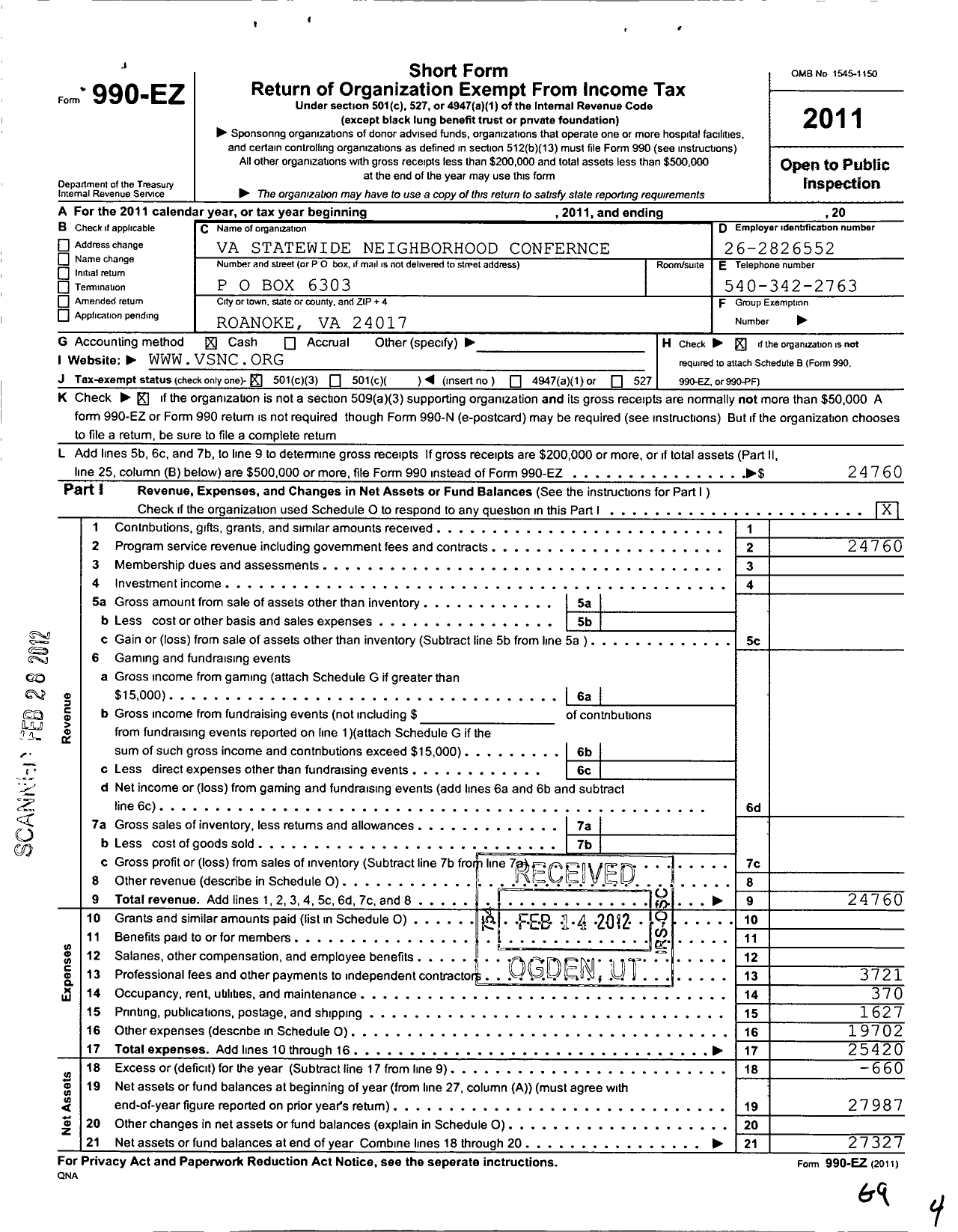 Image of first page of 2011 Form 990EZ for Virginia Statewide Neighborhood Conference