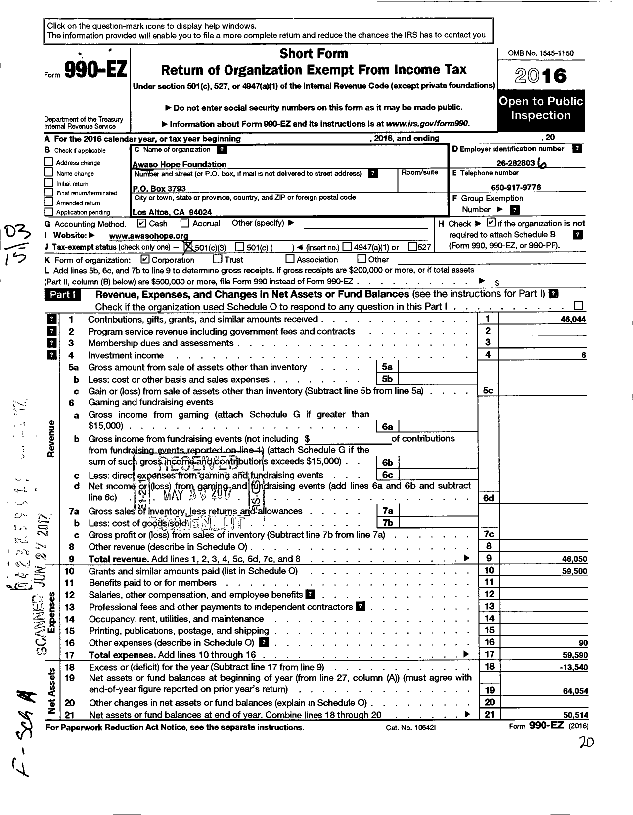 Image of first page of 2016 Form 990EZ for Awaso Hope Foundation