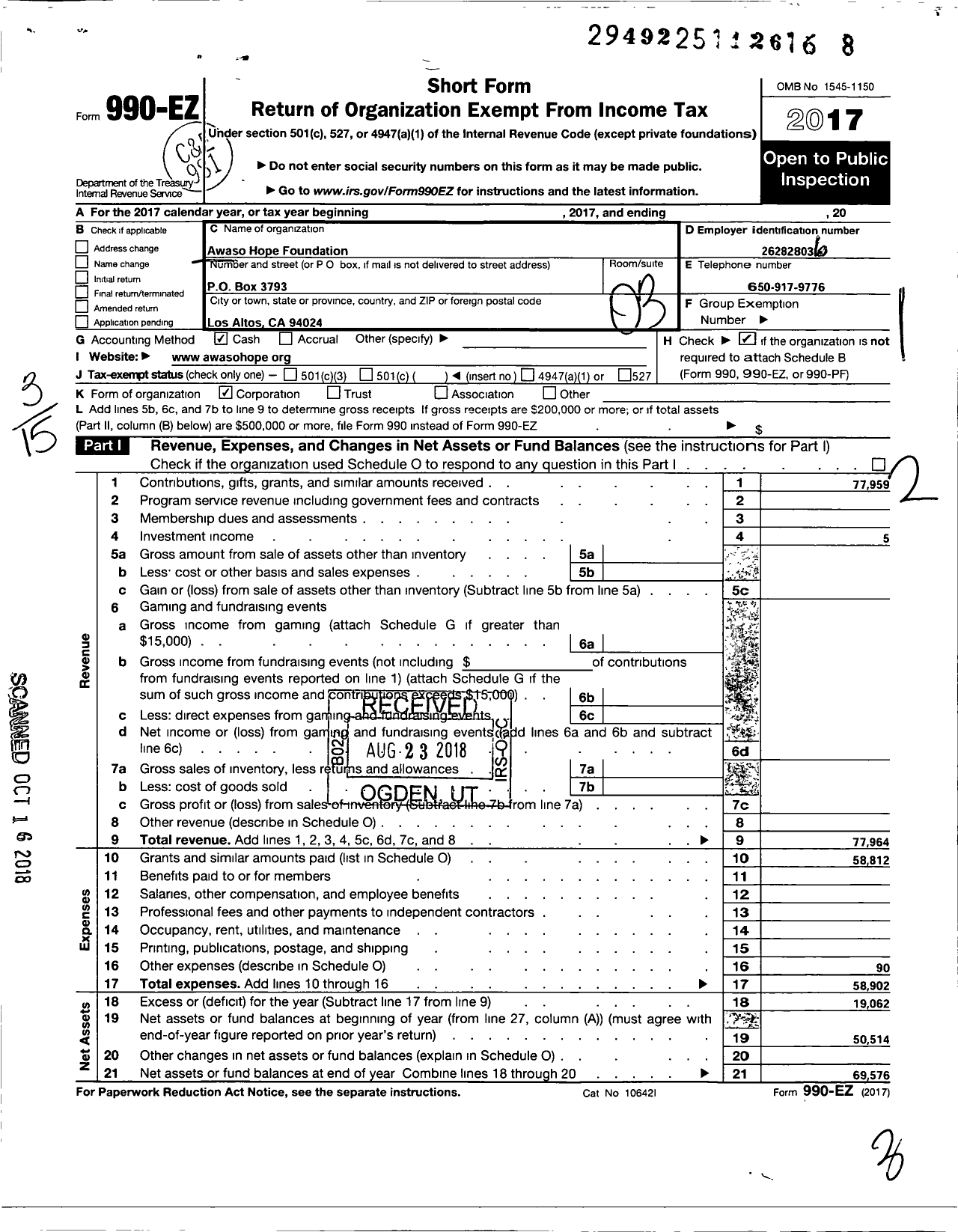 Image of first page of 2017 Form 990EZ for Awaso Hope Foundation