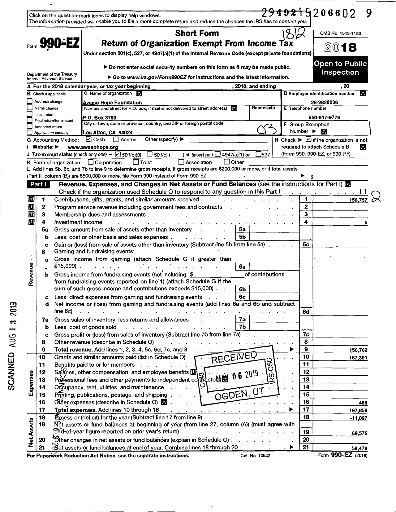 Image of first page of 2018 Form 990EZ for Awaso Hope Foundation