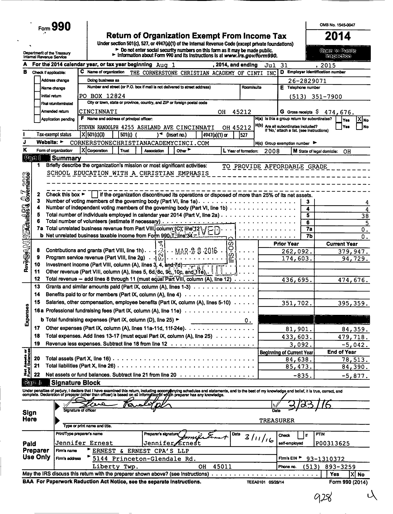 Image of first page of 2014 Form 990 for Cornerstone Christian Academy of Cincinnati
