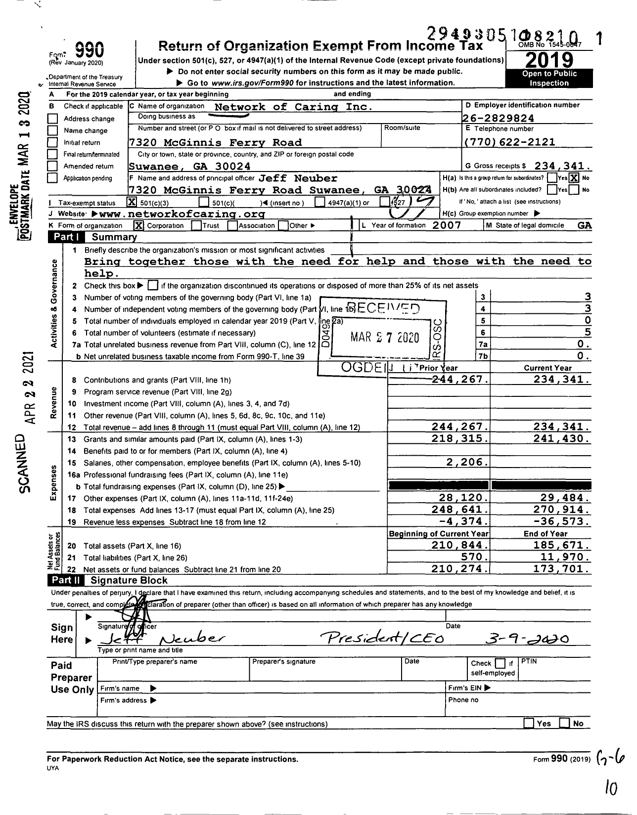 Image of first page of 2019 Form 990 for Network of Caring