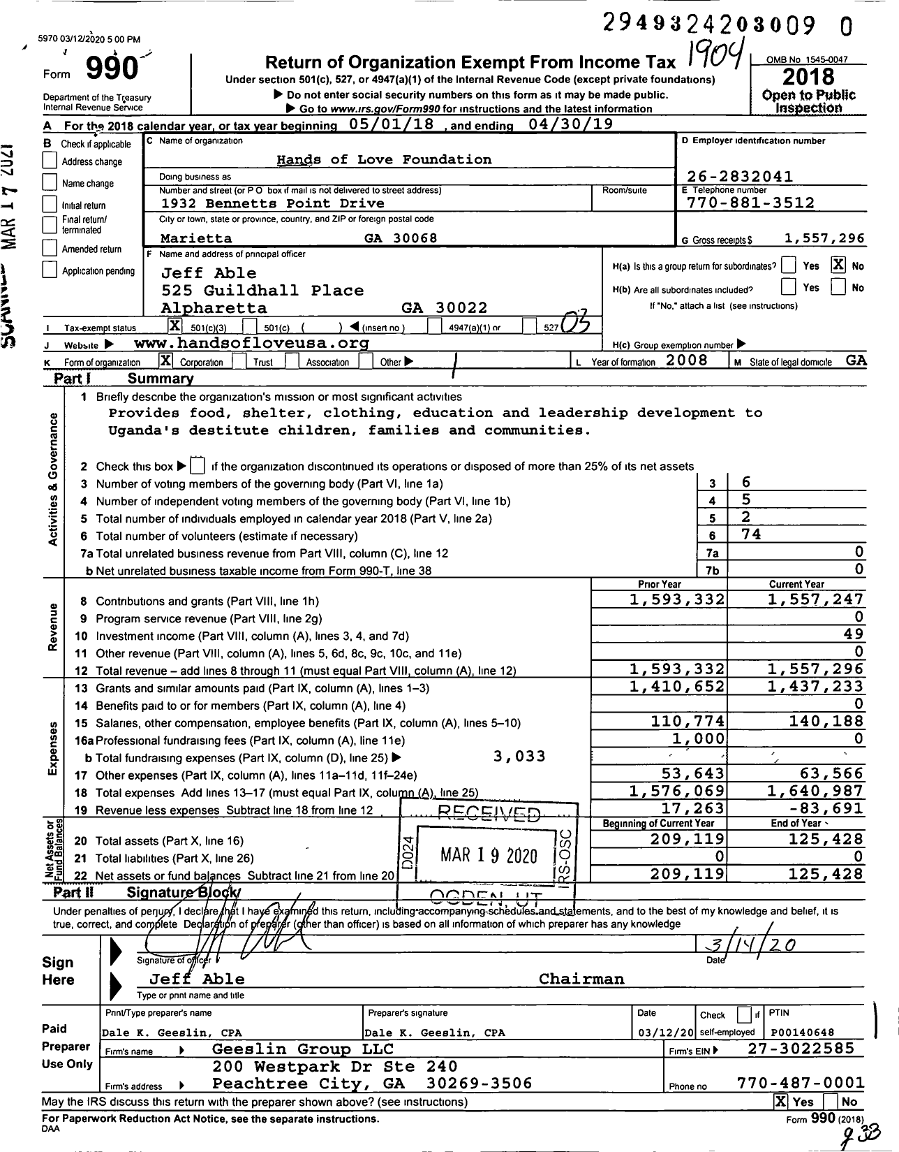 Image of first page of 2018 Form 990 for Hands of Love Foundation