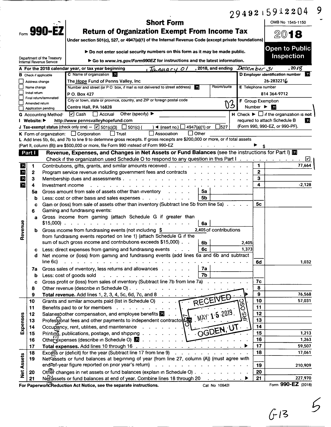 Image of first page of 2018 Form 990EZ for The Hope FUND of PENNS VALLEY