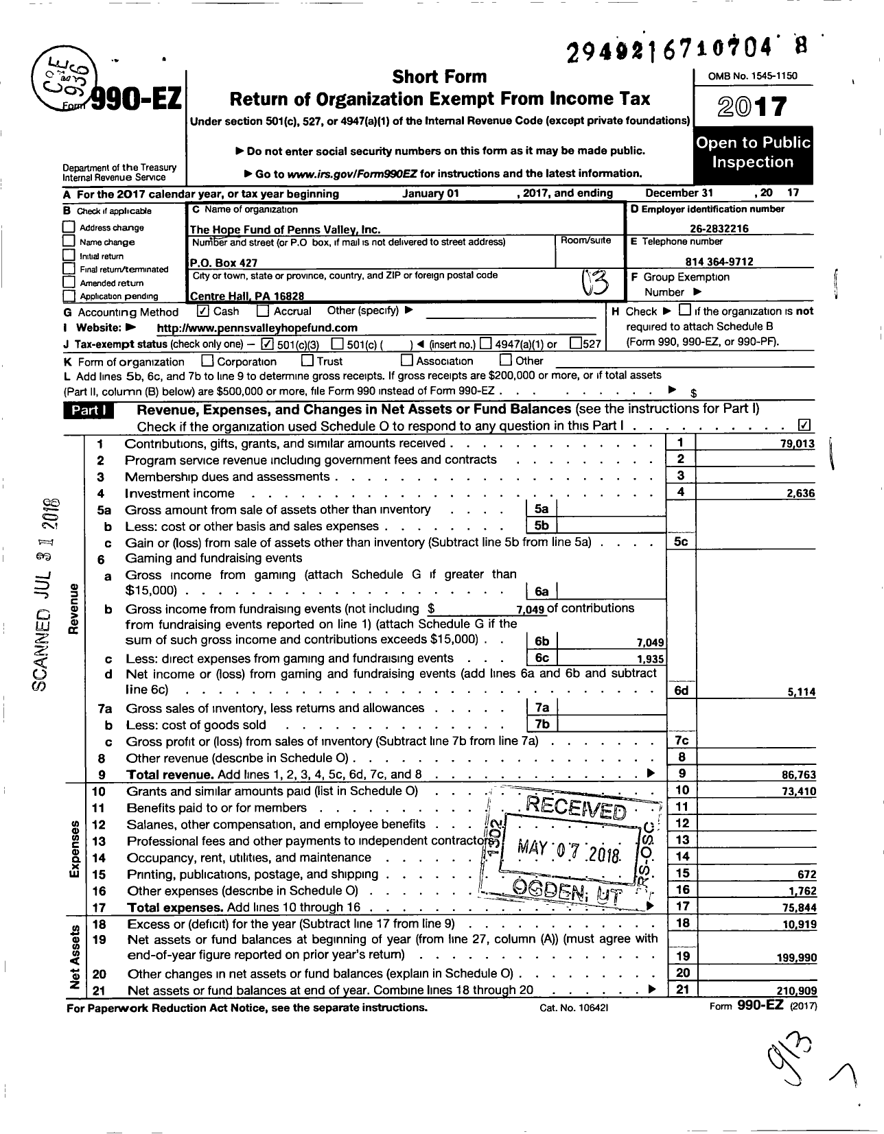 Image of first page of 2017 Form 990EZ for The Hope FUND of PENNS VALLEY