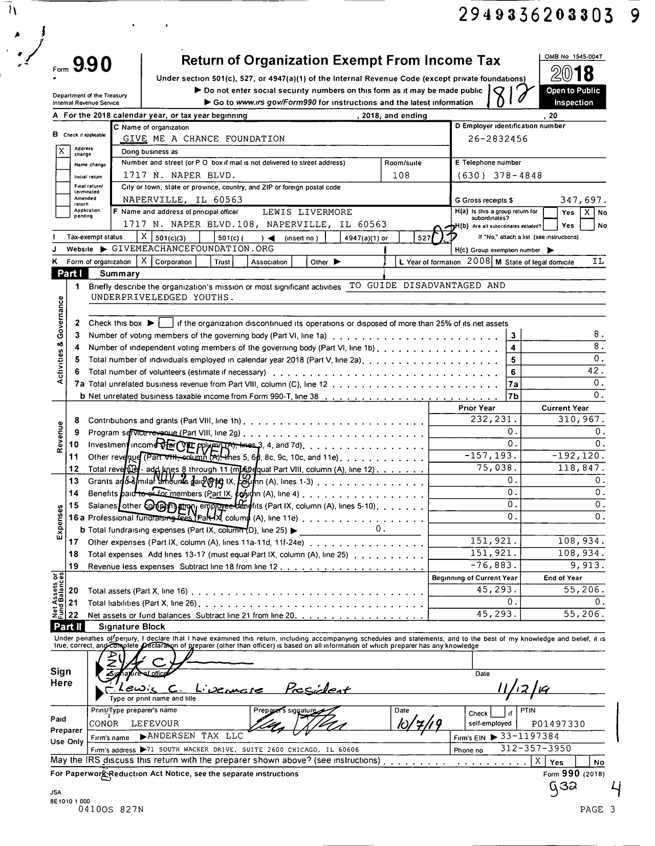 Image of first page of 2018 Form 990 for Give Me A Chance Foundation