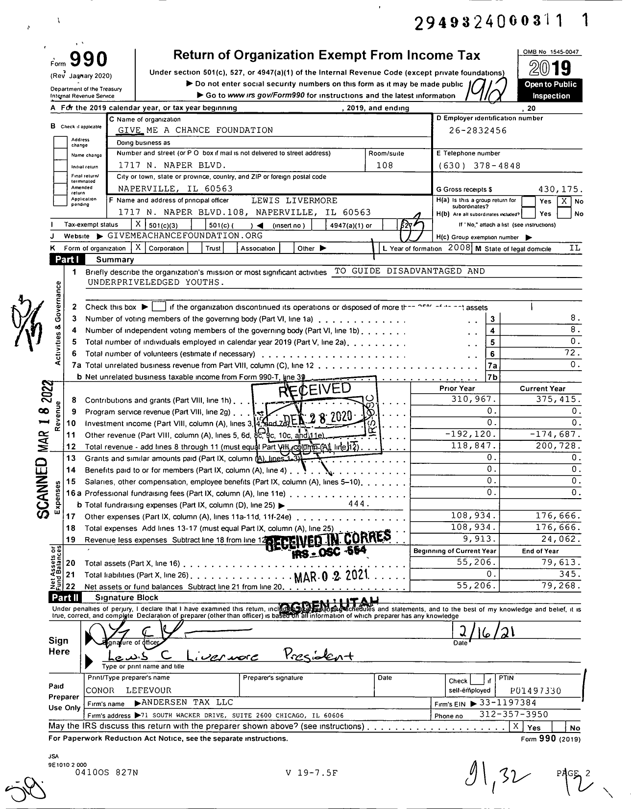 Image of first page of 2019 Form 990 for Give Me A Chance Foundation