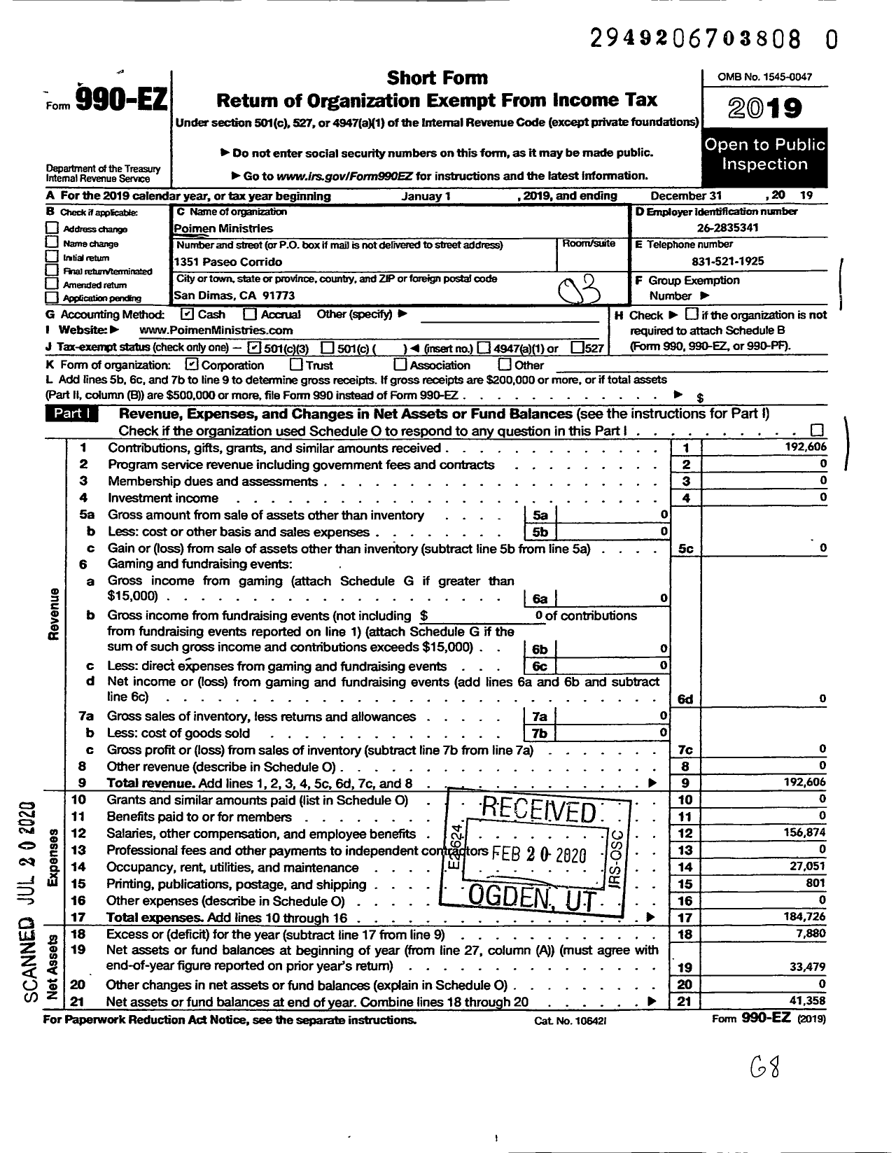 Image of first page of 2019 Form 990EZ for Poimen Ministries