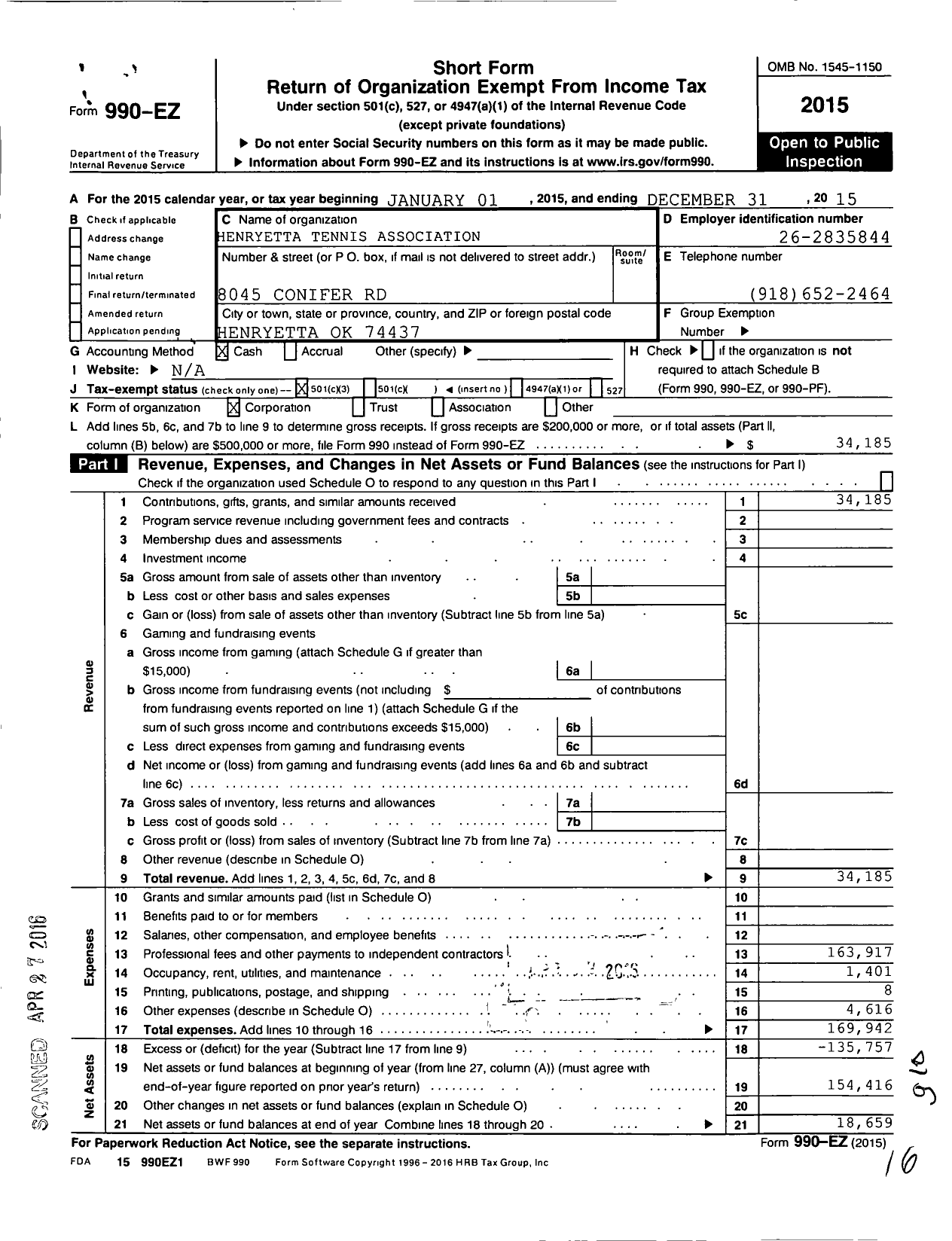 Image of first page of 2015 Form 990EZ for Henryetta Tennis Association