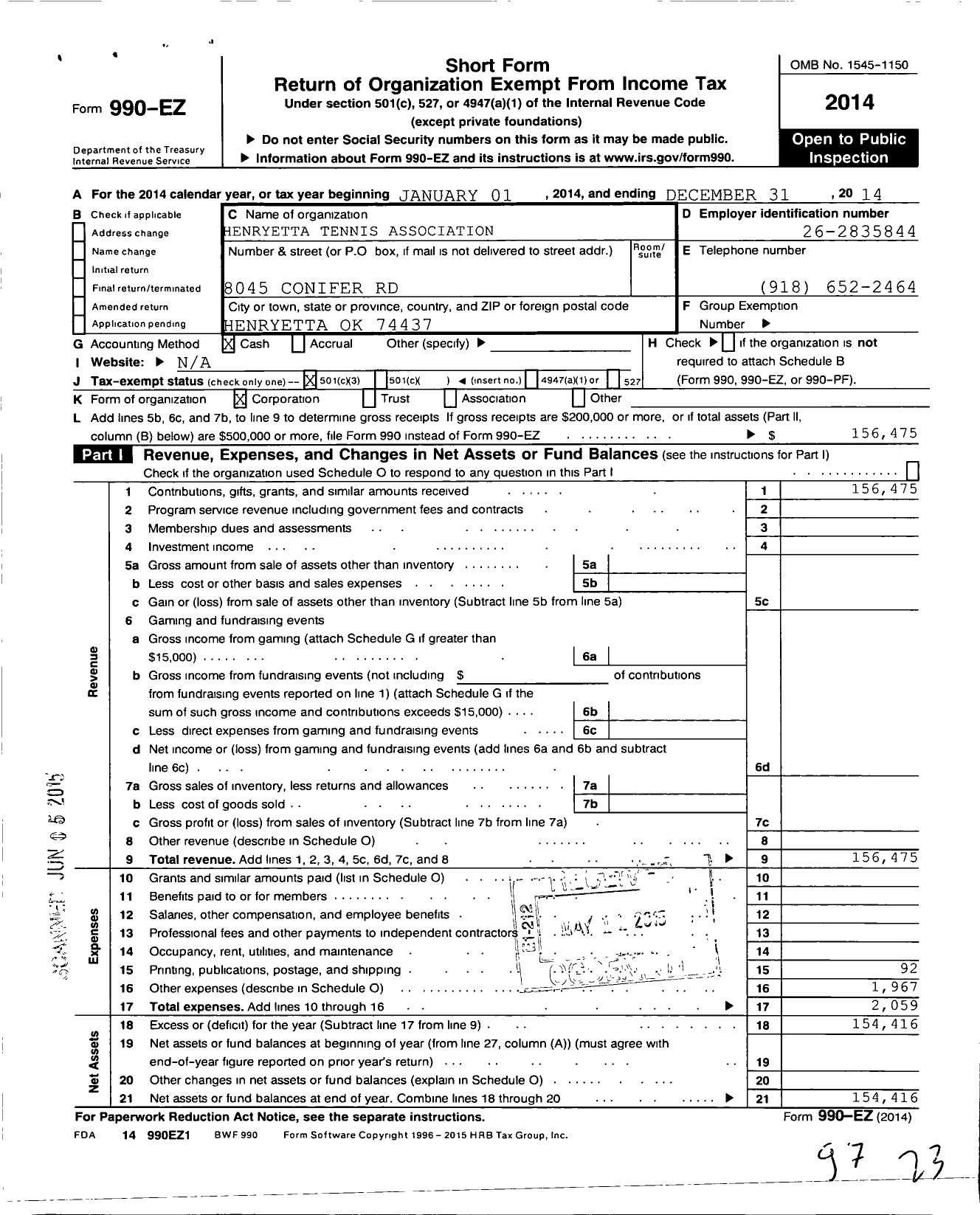 Image of first page of 2014 Form 990EZ for Henryetta Tennis Association