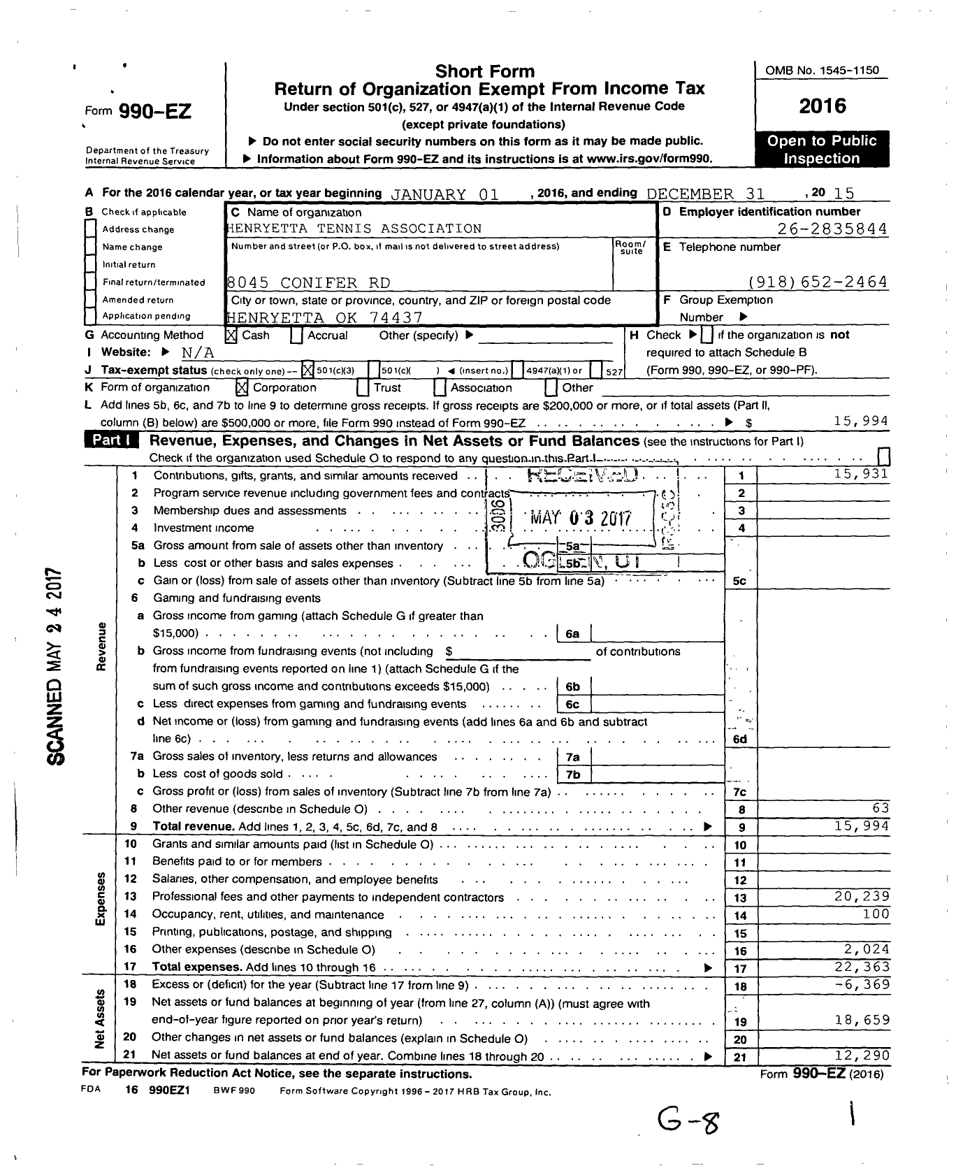 Image of first page of 2015 Form 990EZ for Henryetta Tennis Association