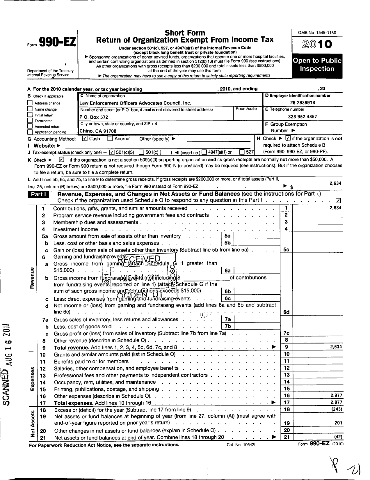 Image of first page of 2010 Form 990EZ for Law Enforcement Officers Advocates Council Incorporated