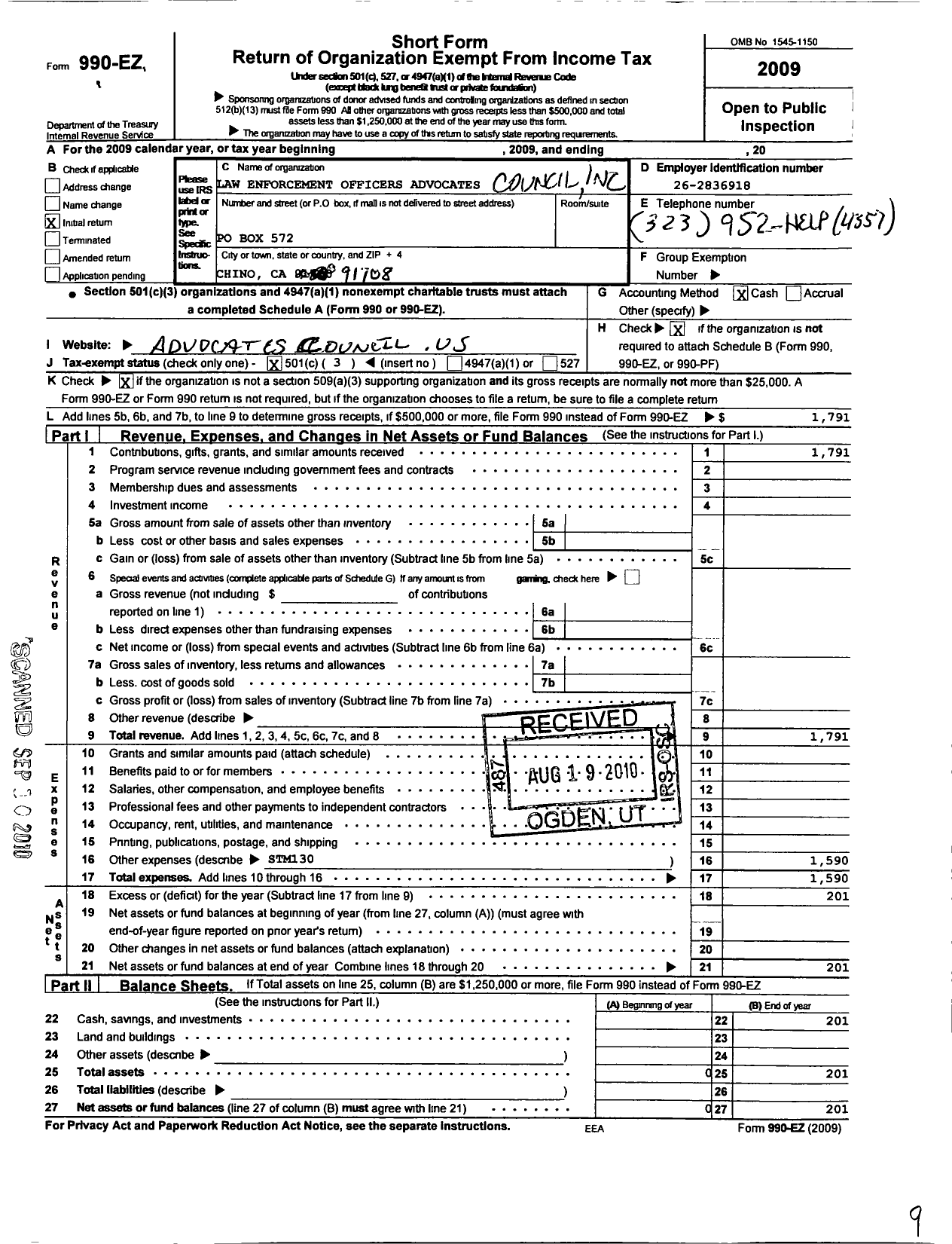 Image of first page of 2009 Form 990EZ for Law Enforcement Officers Advocates Council Incorporated