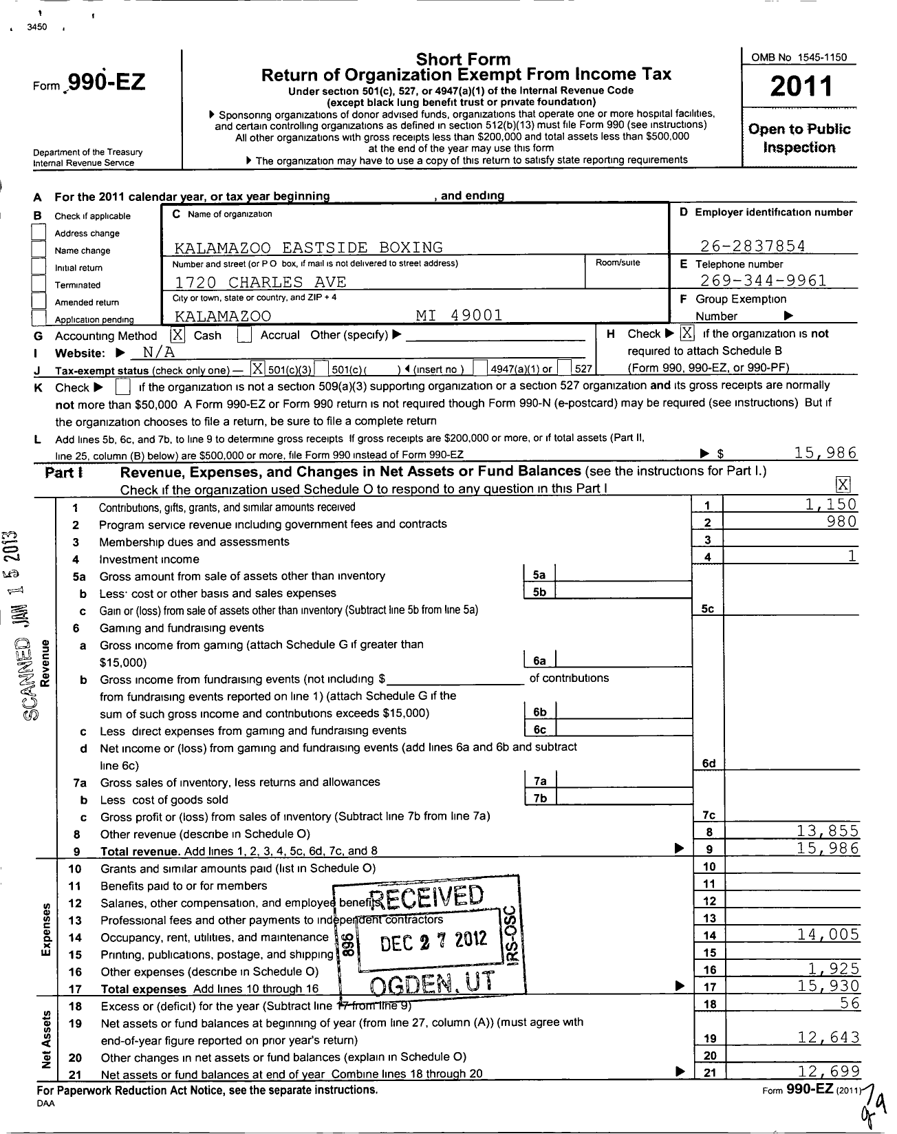 Image of first page of 2011 Form 990EZ for Kalamazoo Eastside Boxing