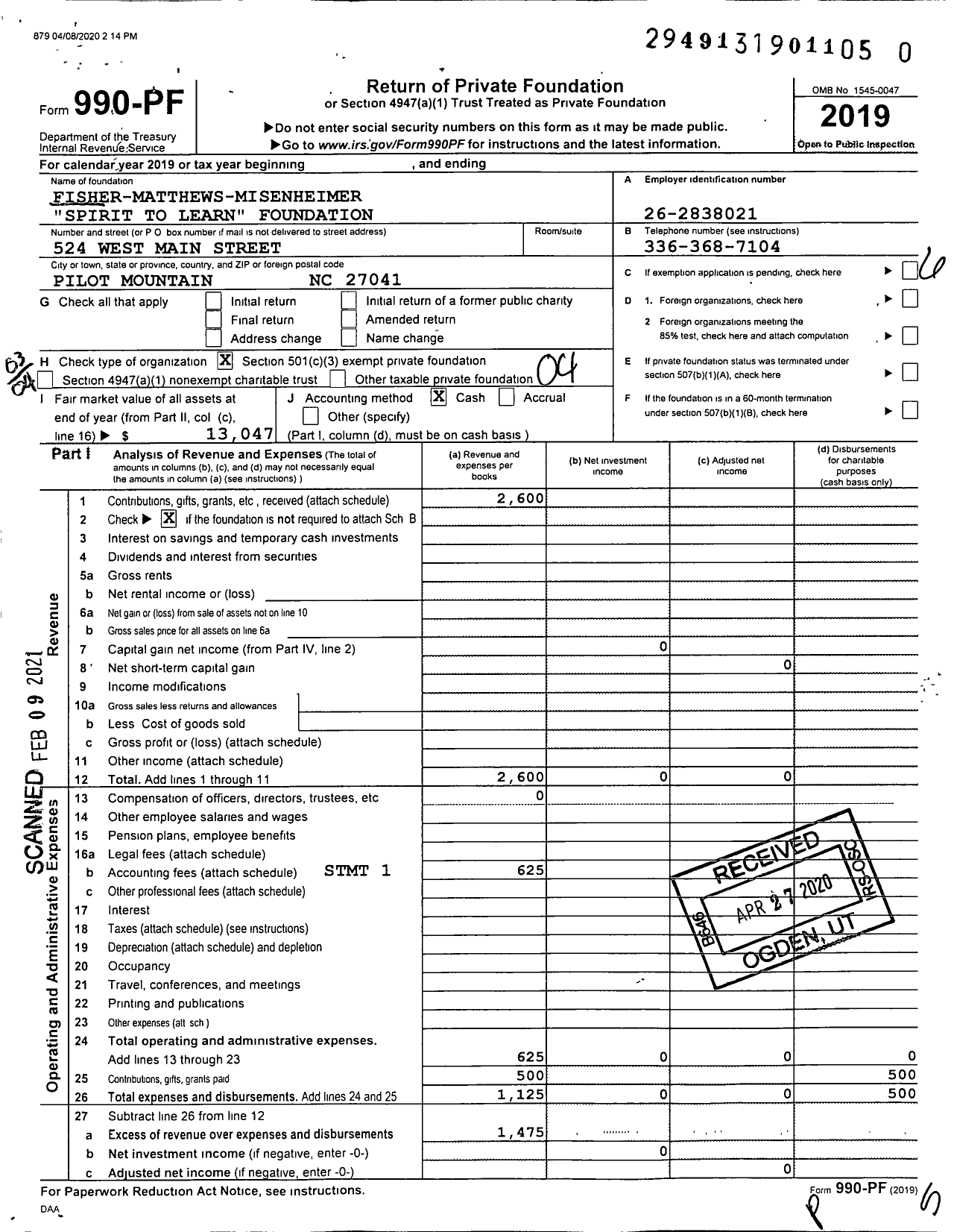 Image of first page of 2019 Form 990PF for Fisher-Matthews-Misenheimer Spirit To Learn Foundation