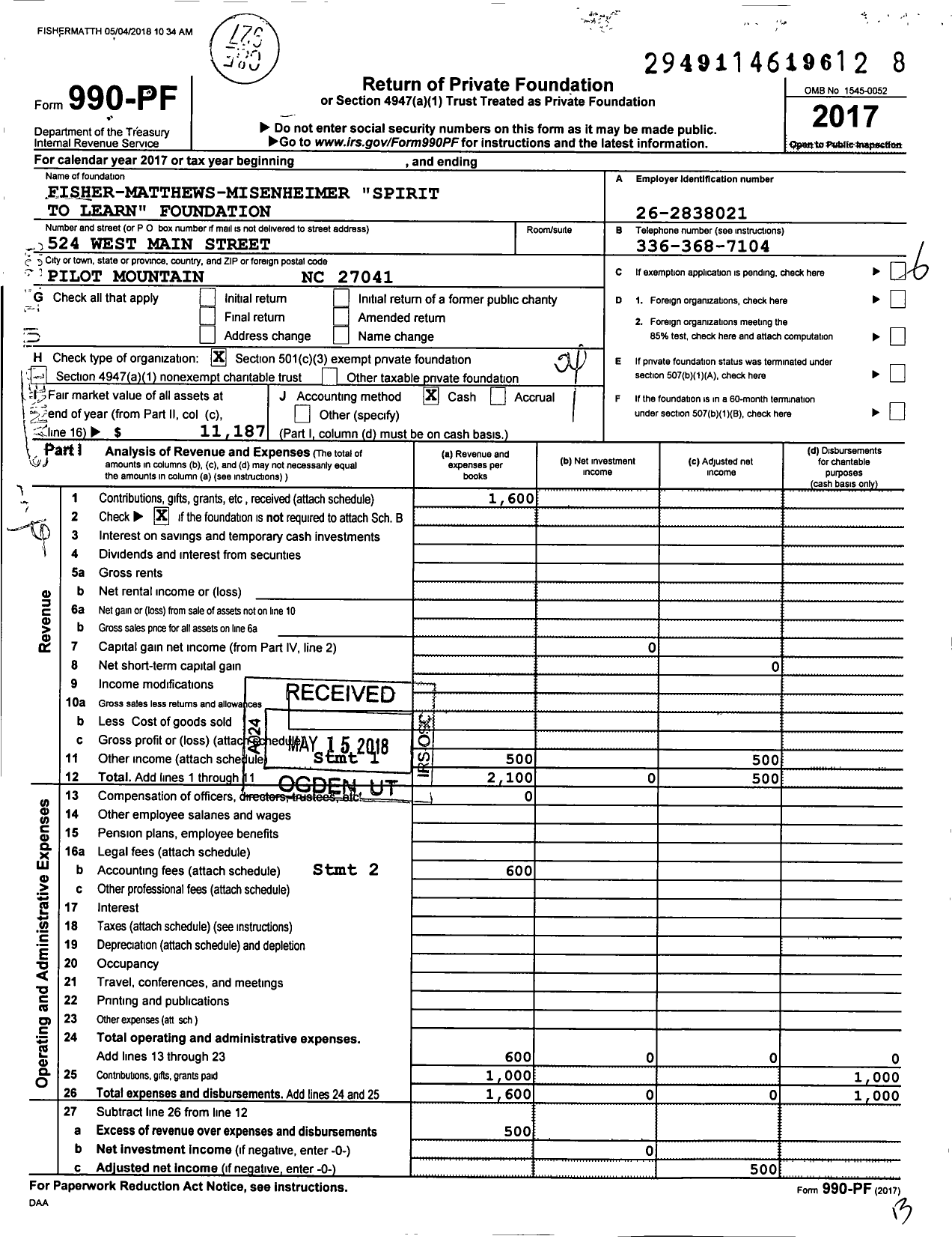 Image of first page of 2017 Form 990PF for Fisher-Matthews-Misenheimer Spirit To Learn Foundation