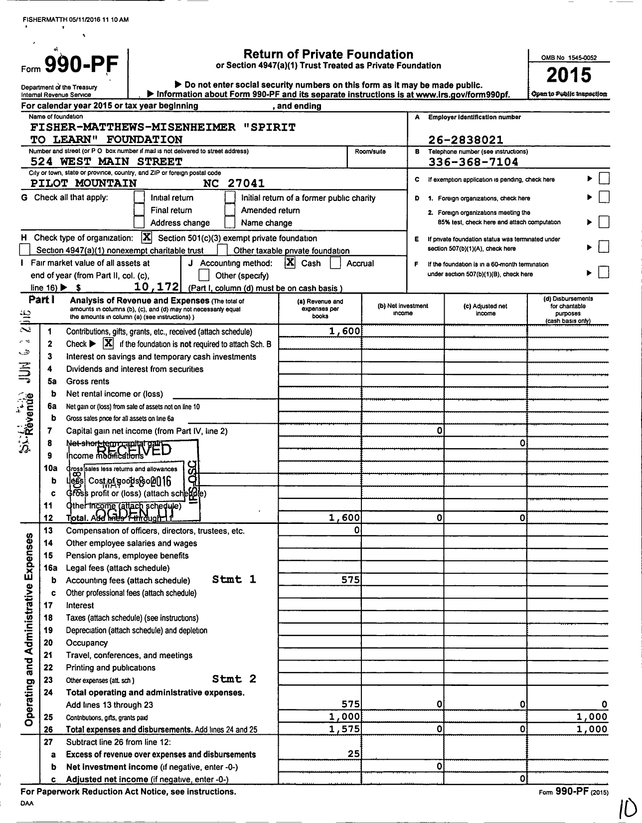 Image of first page of 2015 Form 990PF for Fisher-Matthews-Misenheimer Spirit To Learn Foundation