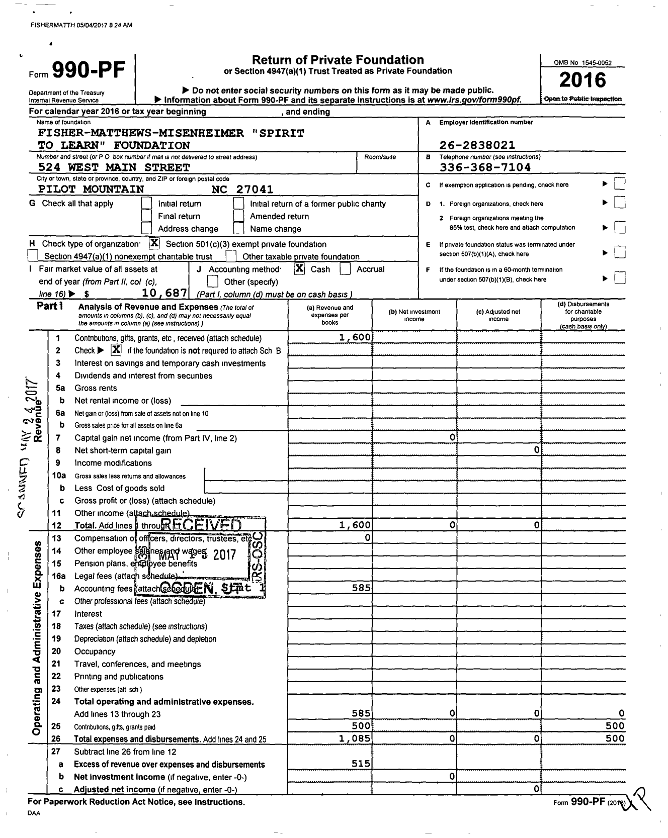 Image of first page of 2016 Form 990PF for Fisher-Matthews-Misenheimer Spirit To Learn Foundation