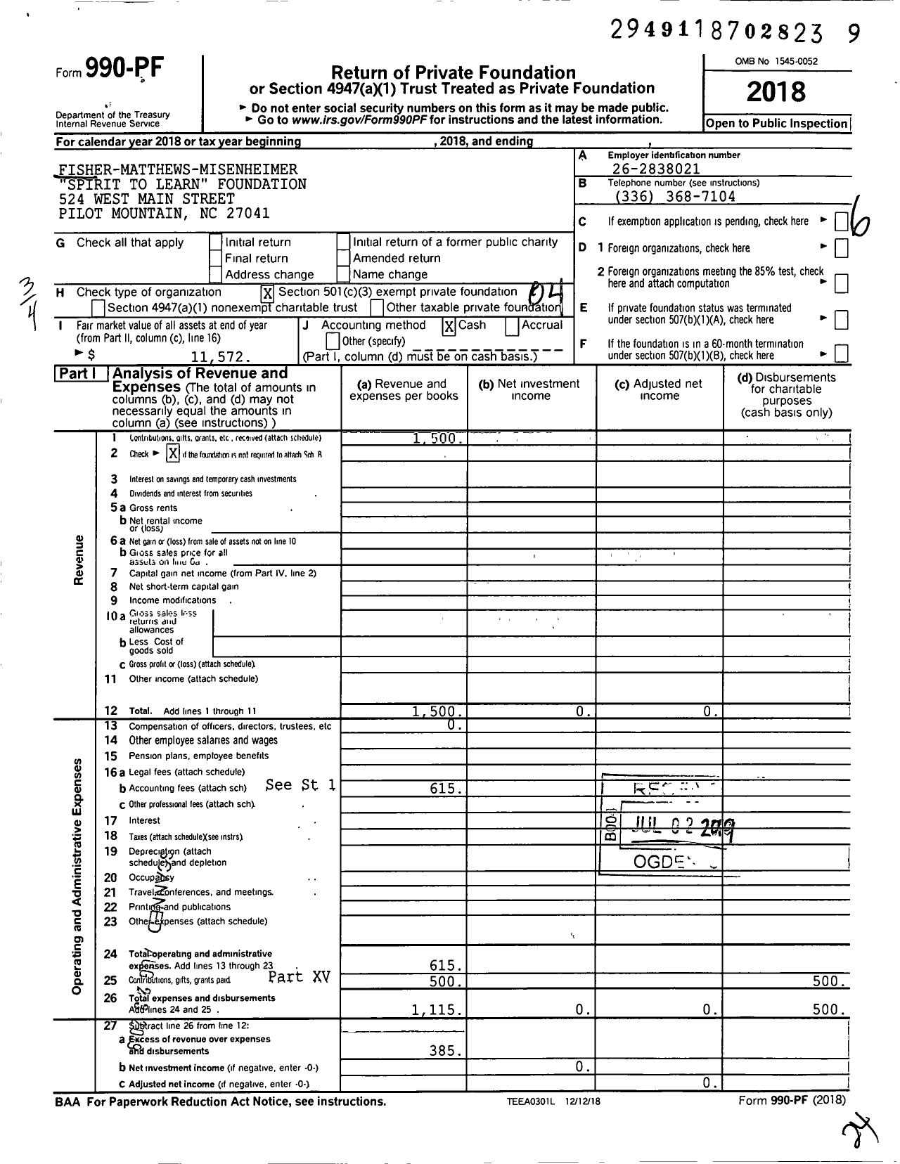 Image of first page of 2018 Form 990PF for Fisher-Matthews-Misenheimer Spirit To Learn Foundation