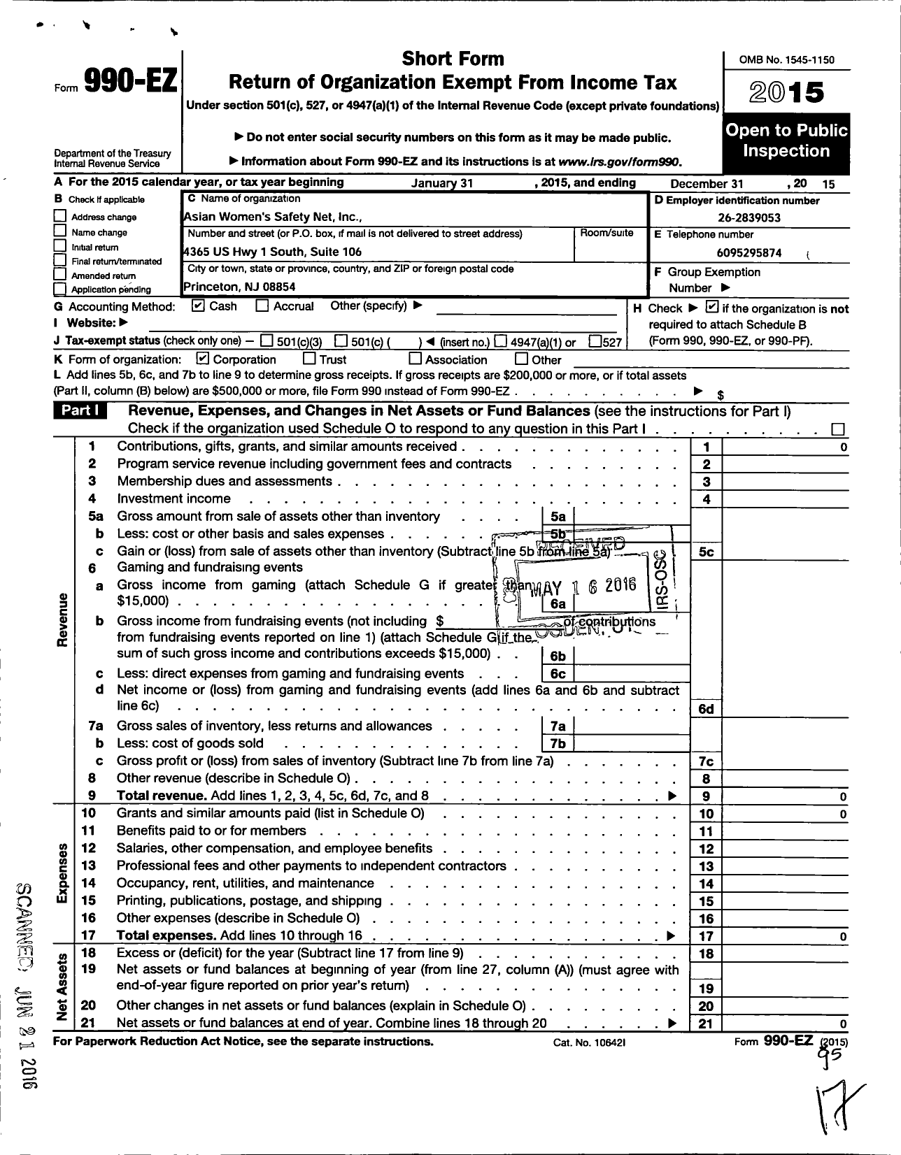 Image of first page of 2015 Form 990EO for Asian Womens Safety Net