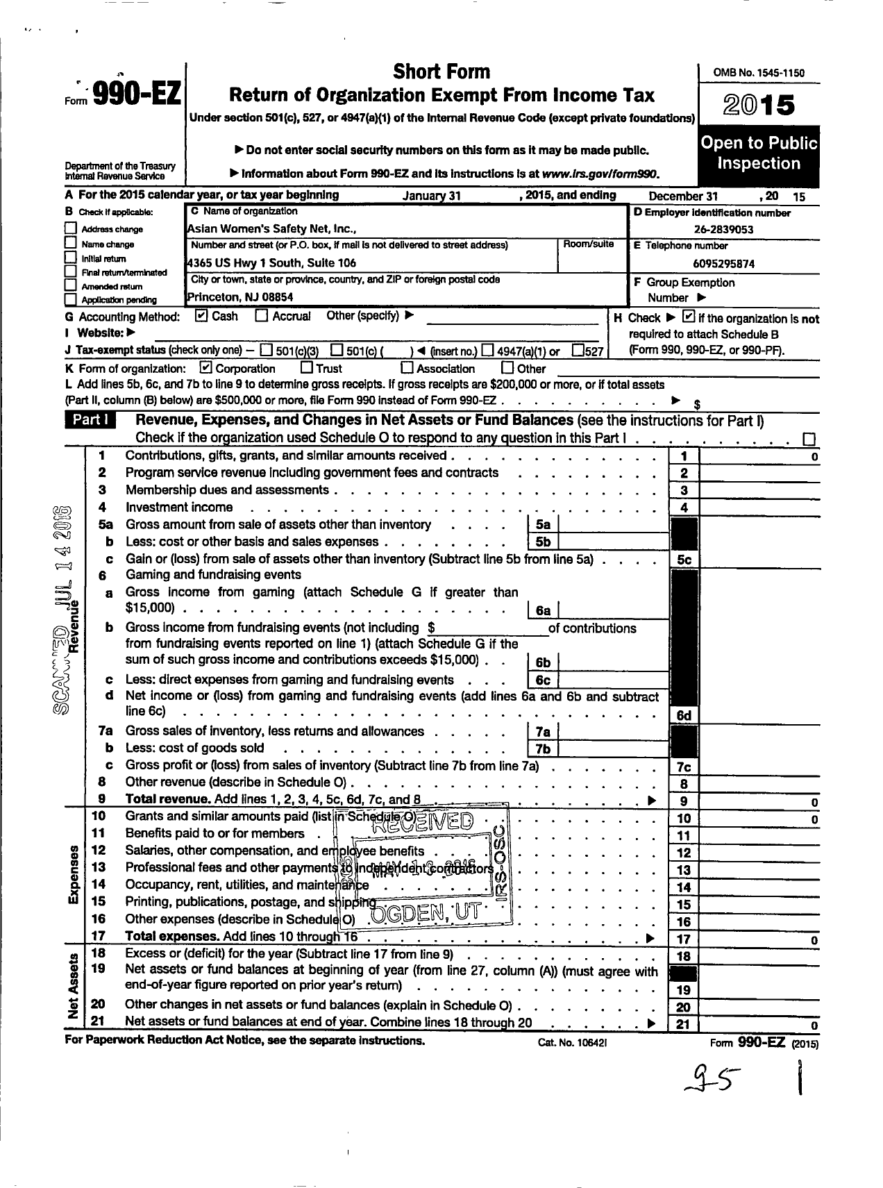 Image of first page of 2015 Form 990EO for Asian Womens Safety Net