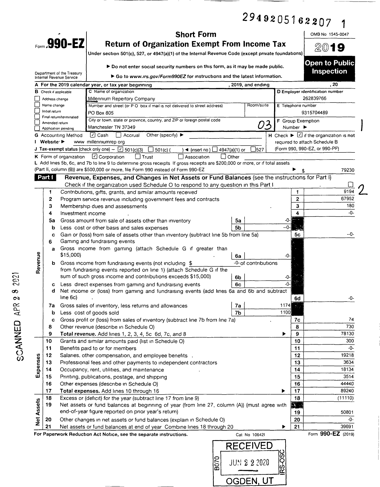 Image of first page of 2019 Form 990EZ for Millennium Repertory Company