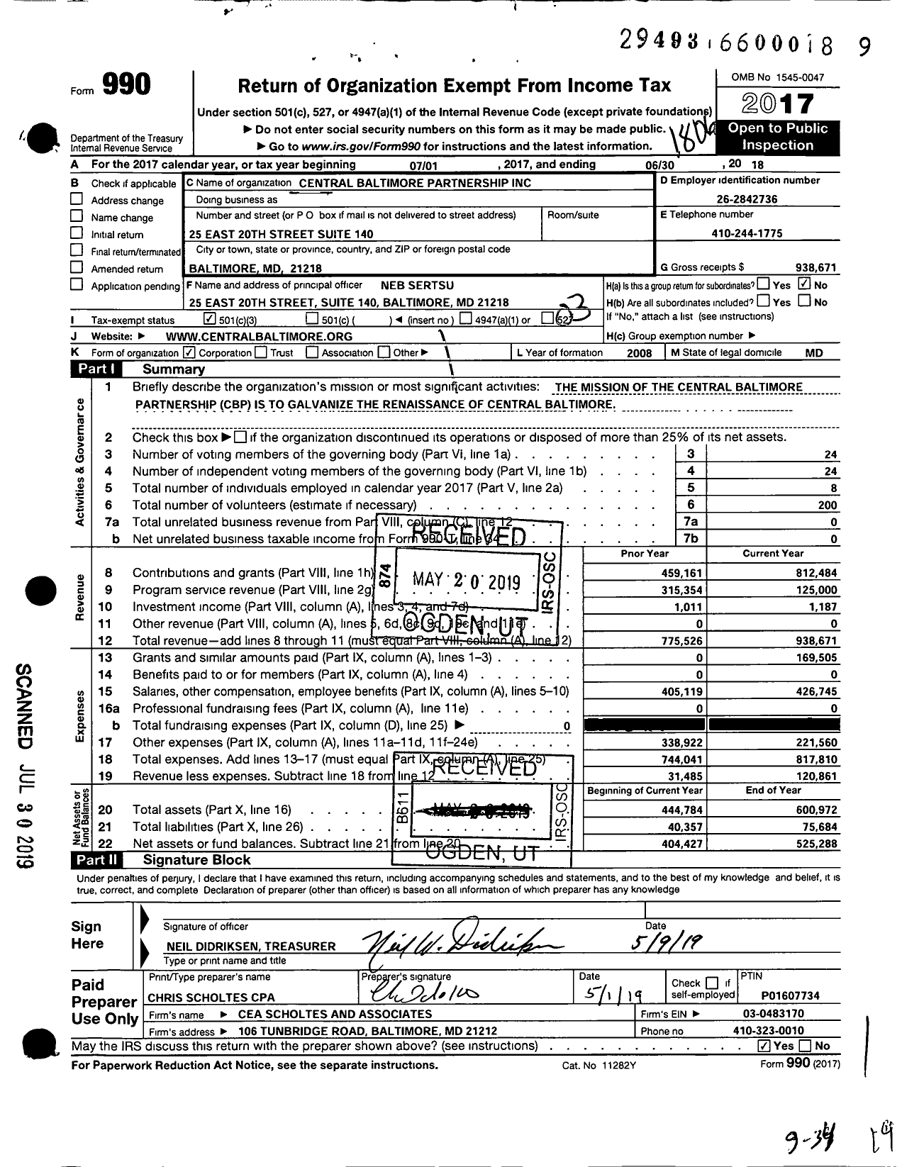 Image of first page of 2017 Form 990 for Central Baltimore Partnership