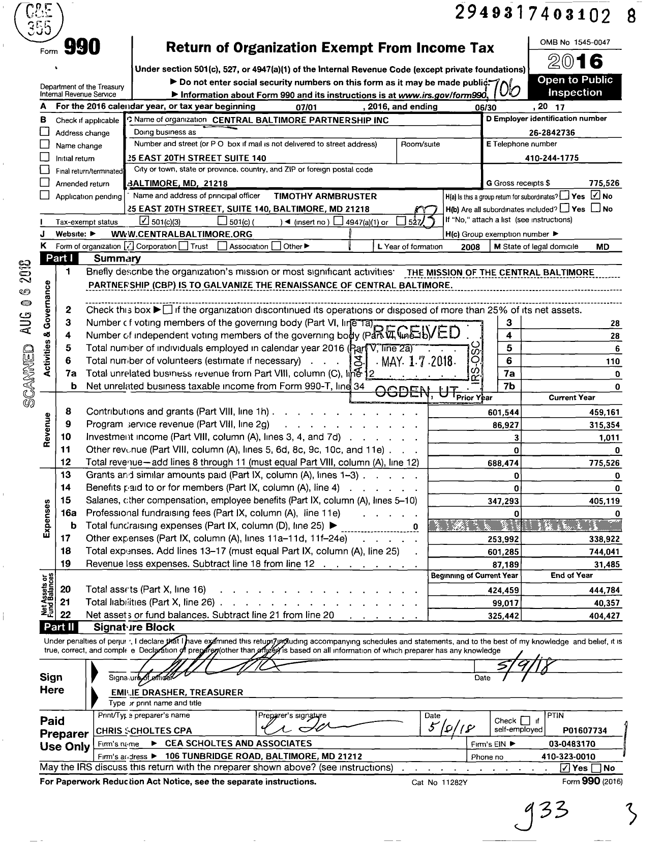 Image of first page of 2016 Form 990 for Central Baltimore Partnership