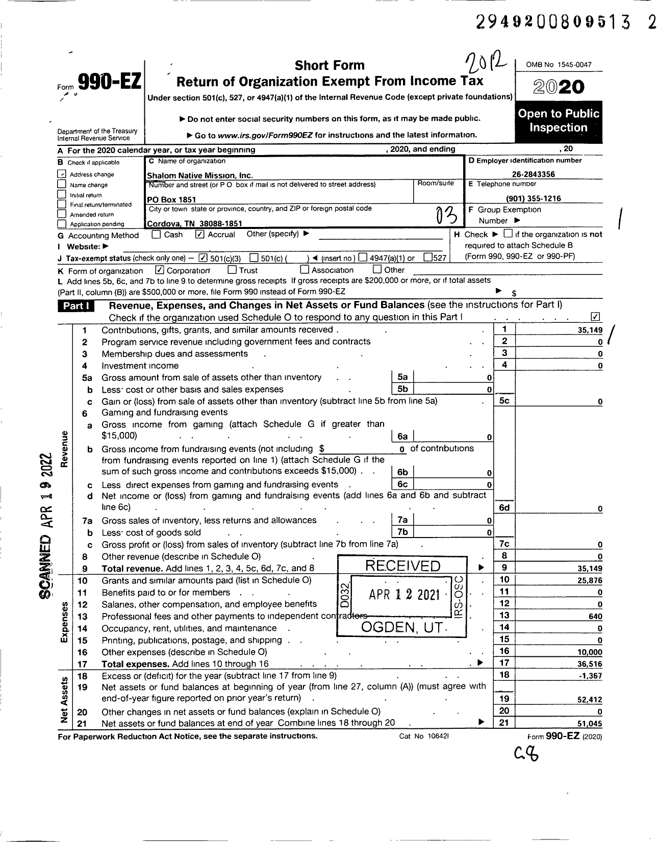 Image of first page of 2020 Form 990EZ for Shalom Native Mission