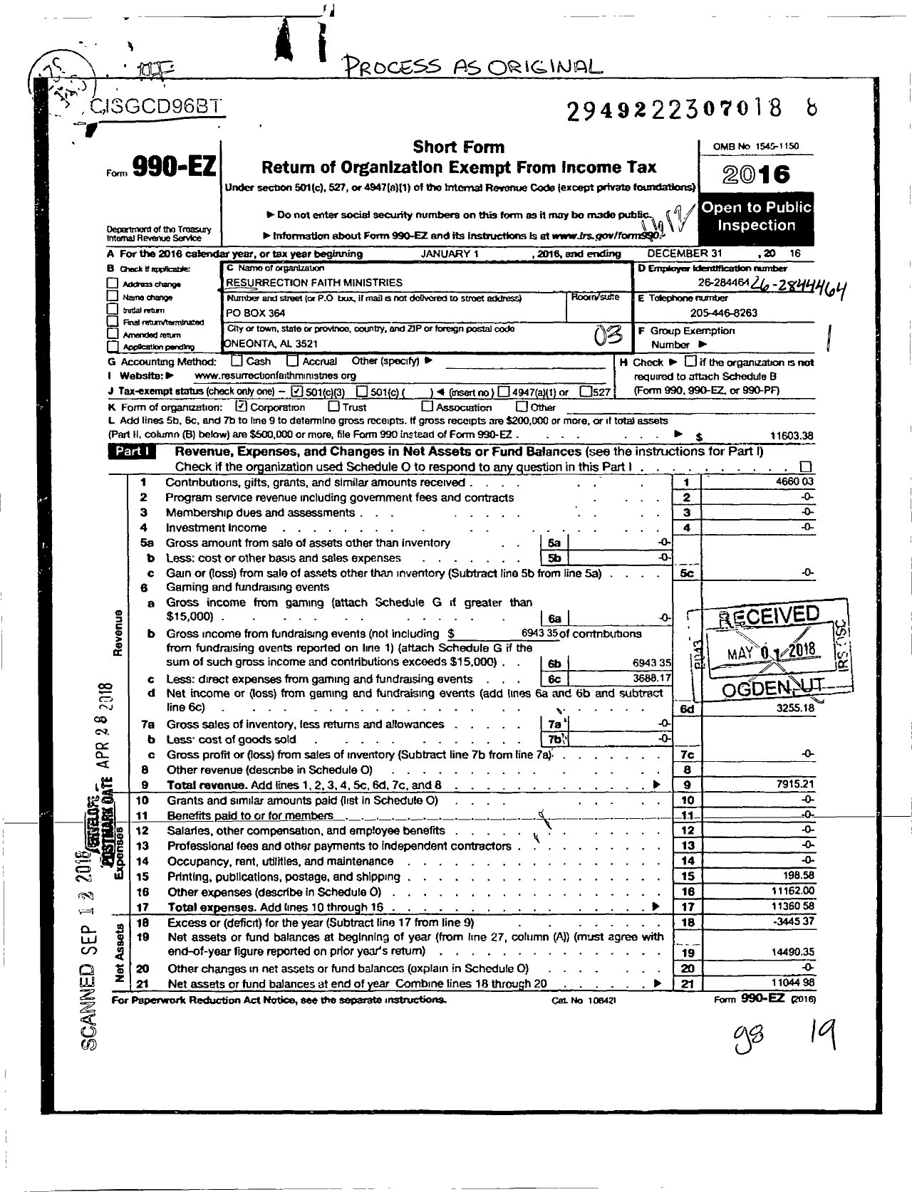 Image of first page of 2016 Form 990EZ for Resurrection Faith Ministries