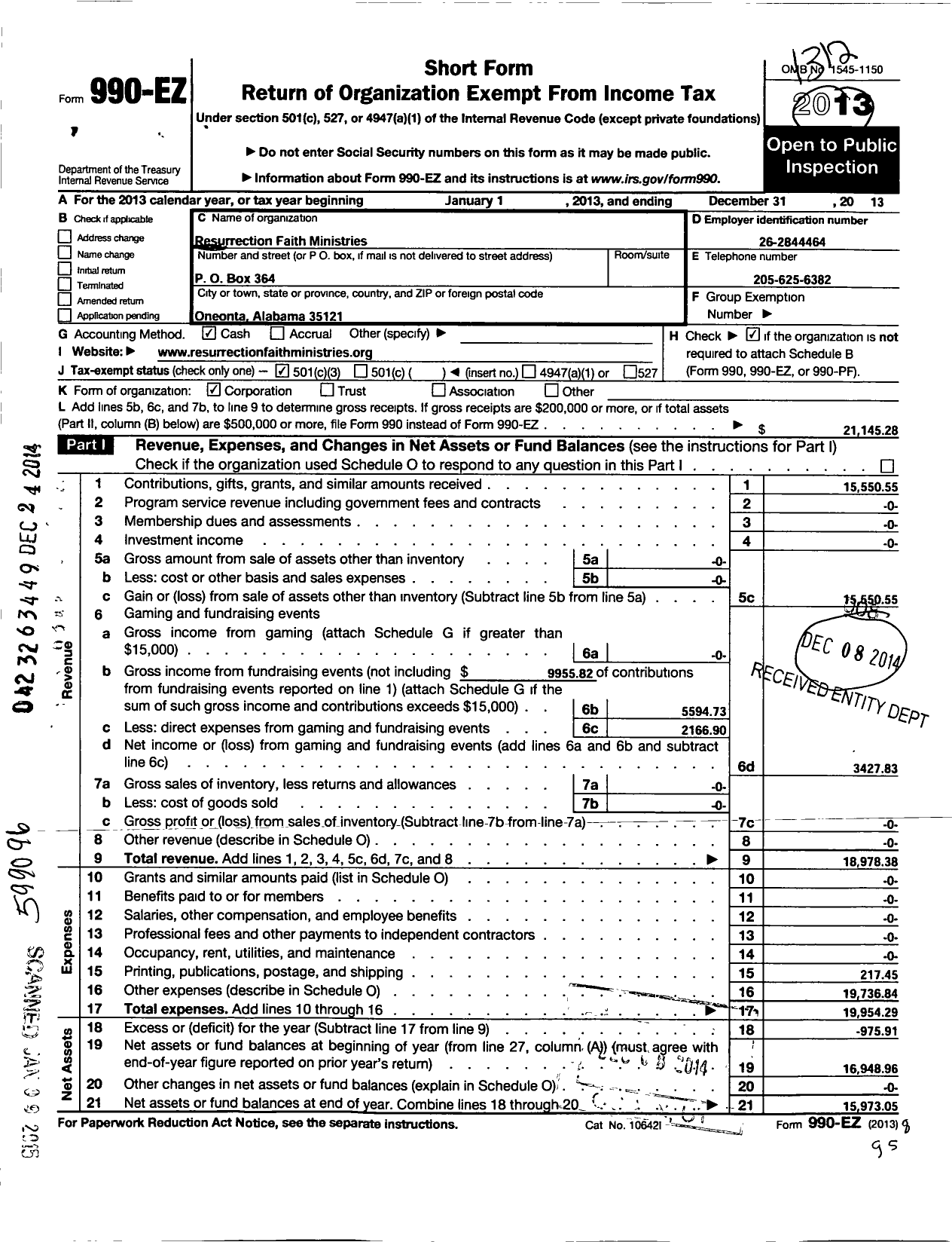 Image of first page of 2013 Form 990EZ for Resurrection Faith Ministries