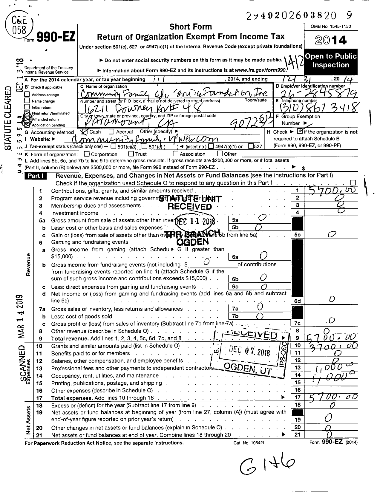 Image of first page of 2014 Form 990EZ for Community Family Educational Cfes Foundation