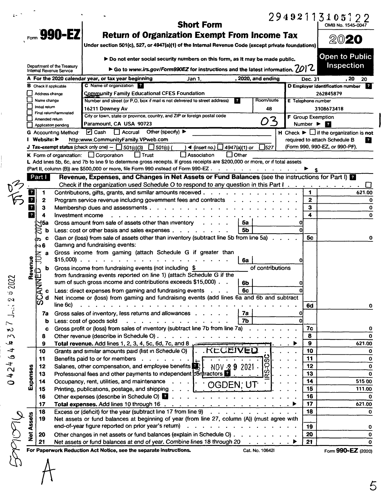 Image of first page of 2020 Form 990EZ for Community Family Educational Cfes Foundation