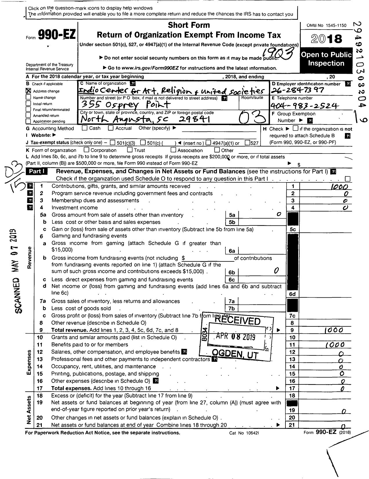 Image of first page of 2018 Form 990EZ for Indio Center for Art Religion and United Socities Icarus