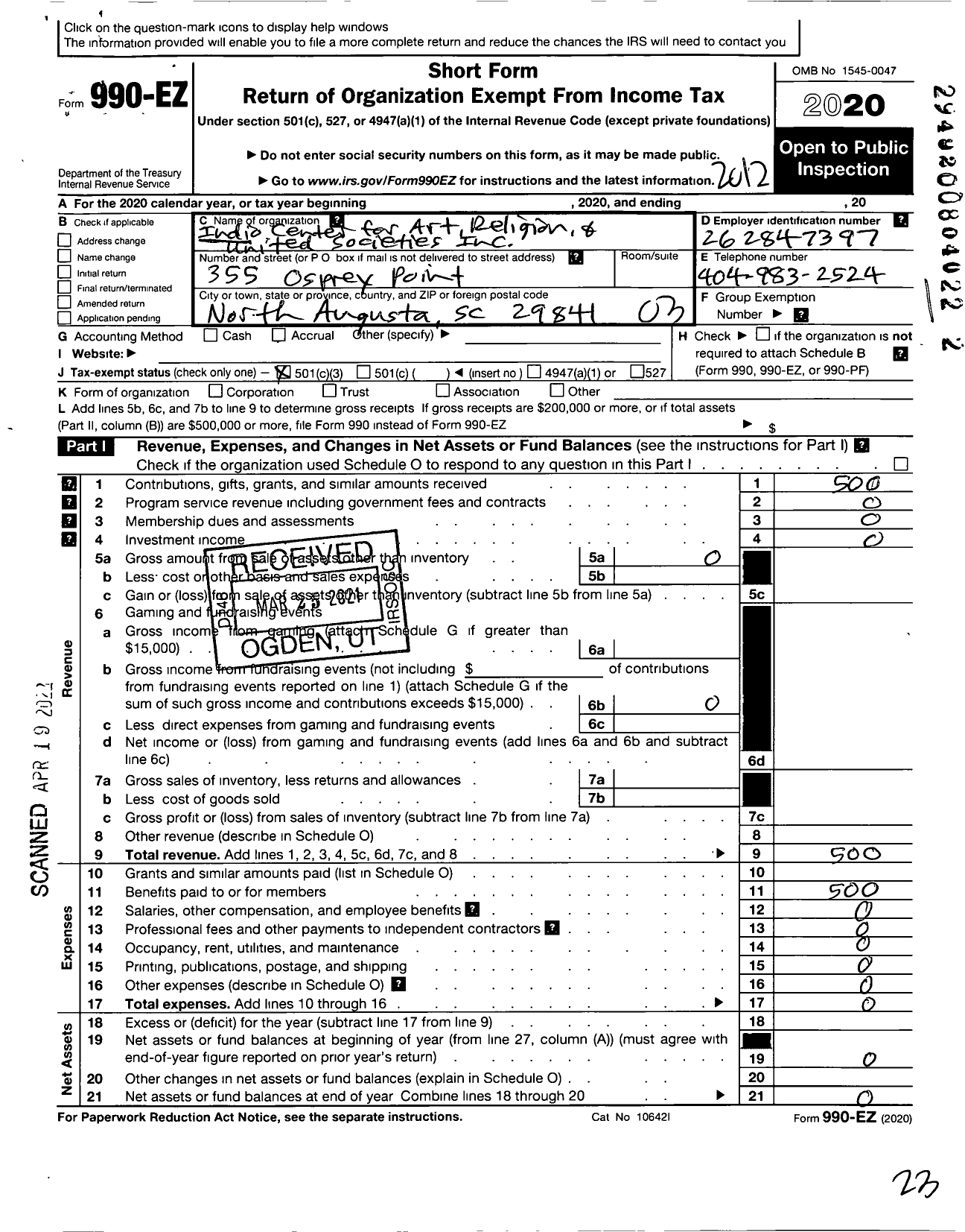 Image of first page of 2020 Form 990EZ for Indio Center for Art Religion and United Socities Icarus