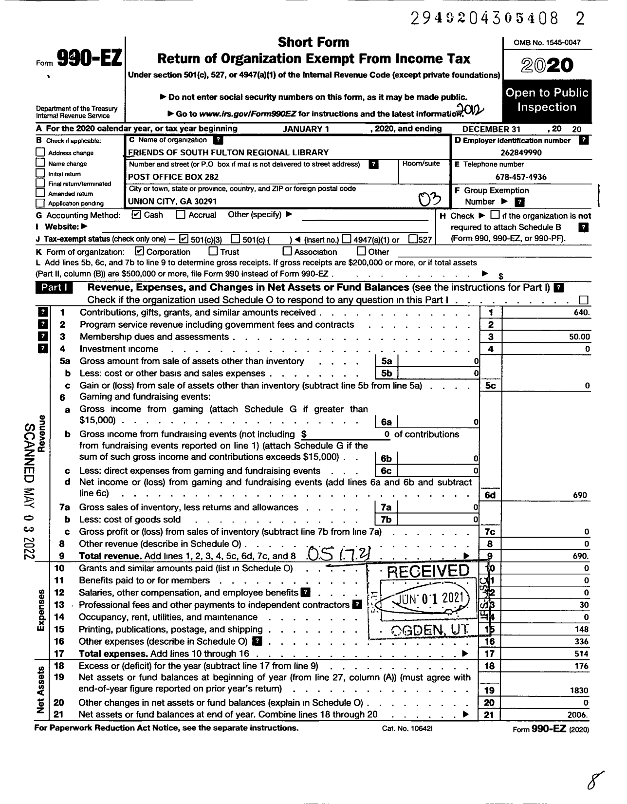 Image of first page of 2020 Form 990EZ for Friends of the South Fulton Regional Library