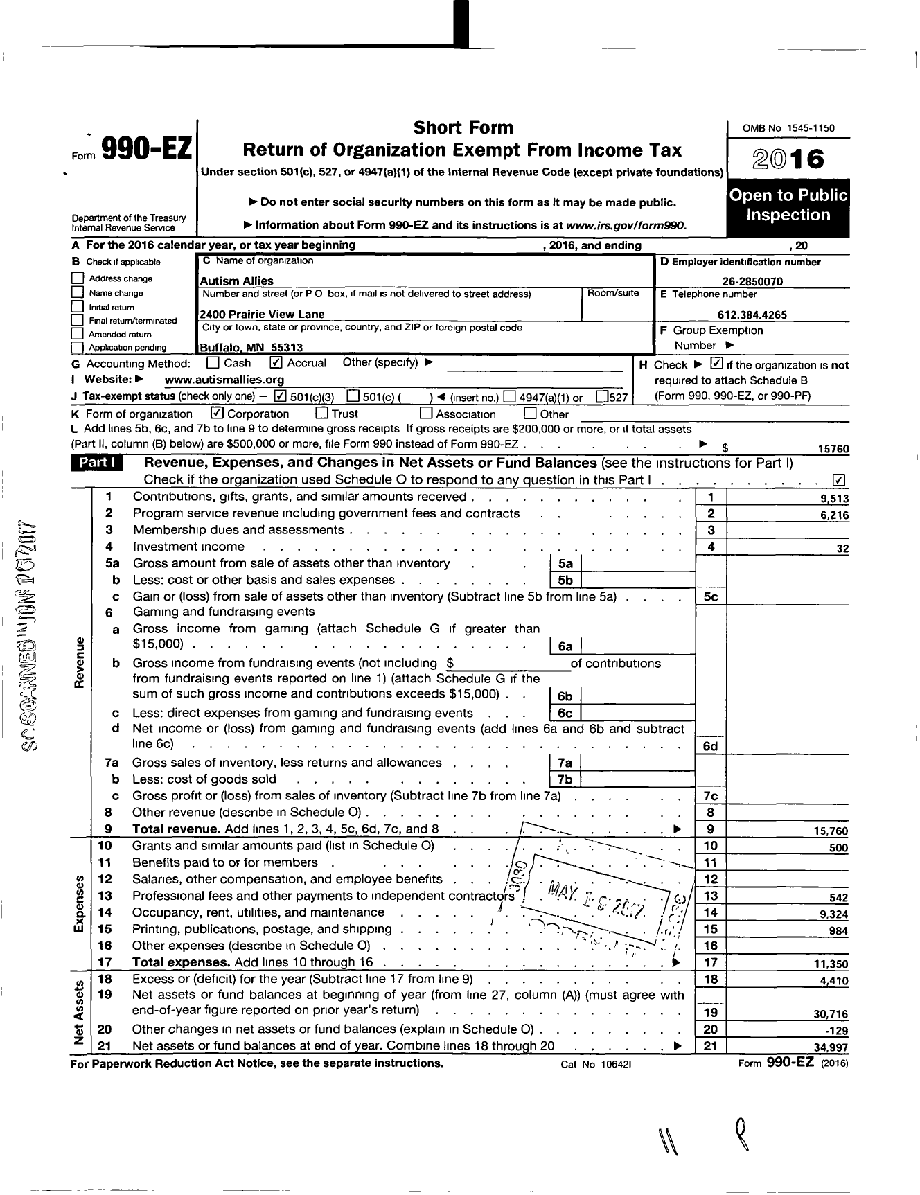 Image of first page of 2016 Form 990EZ for Autism Allies