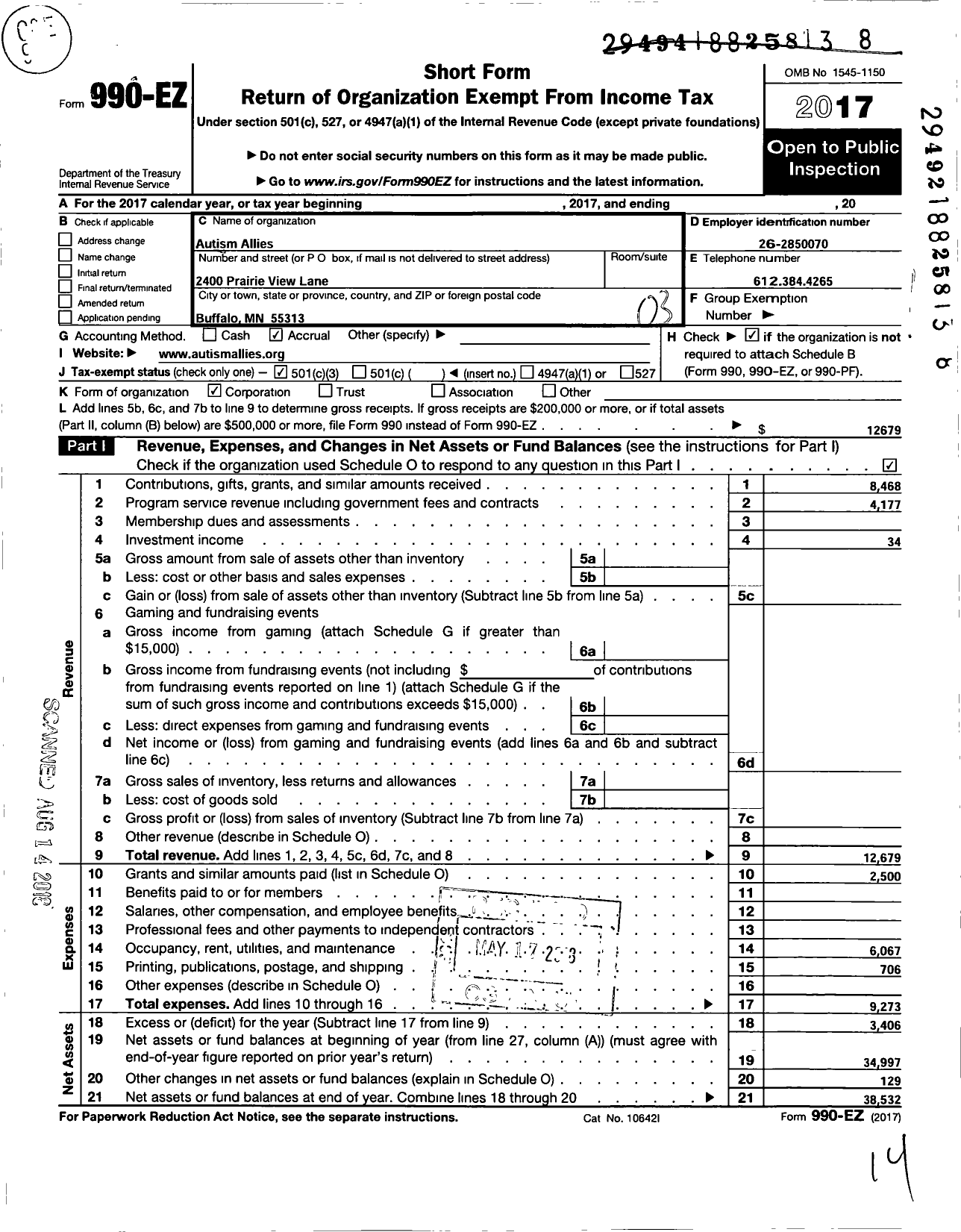 Image of first page of 2017 Form 990EZ for Autism Allies