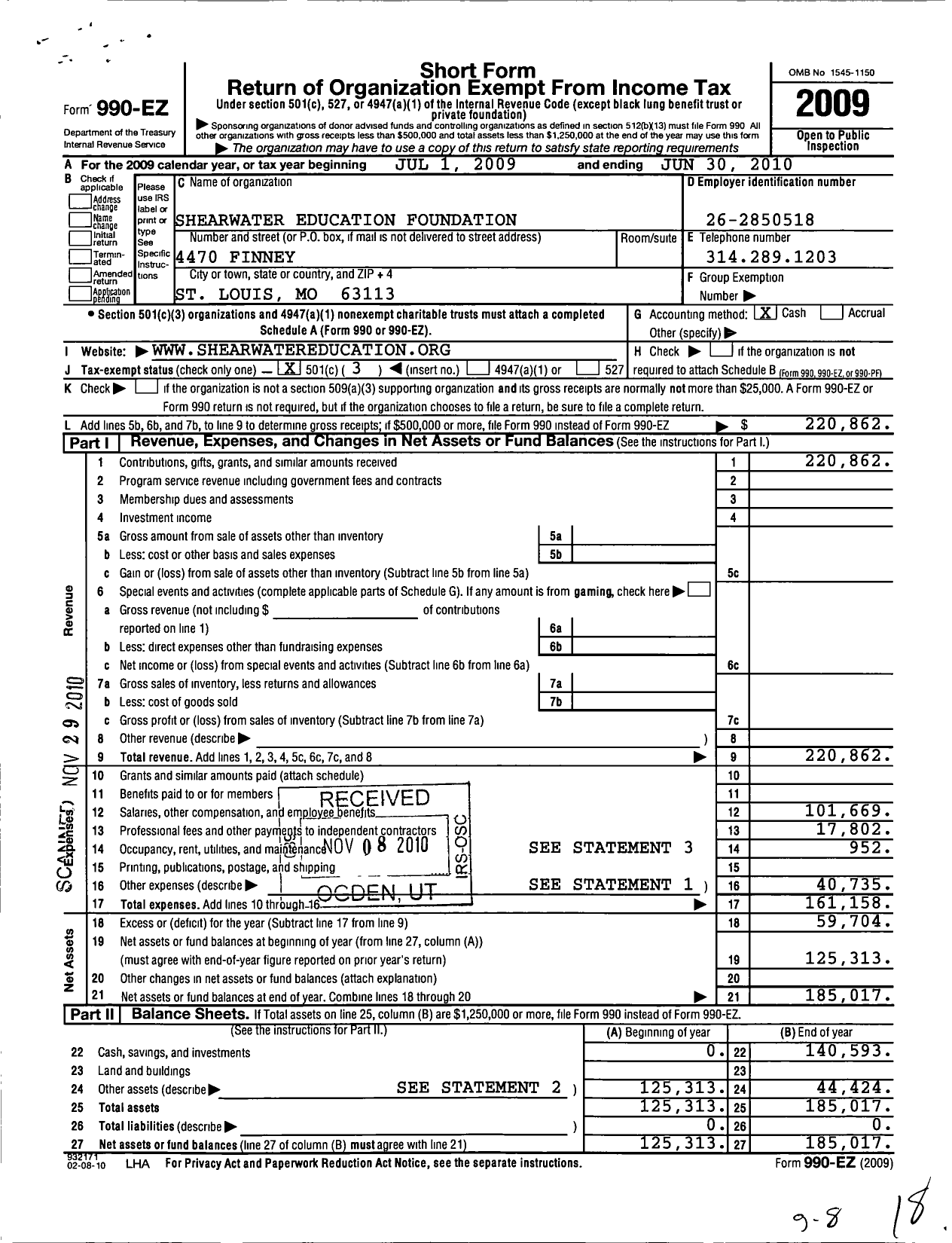 Image of first page of 2009 Form 990EZ for Shearwater Education Foundation