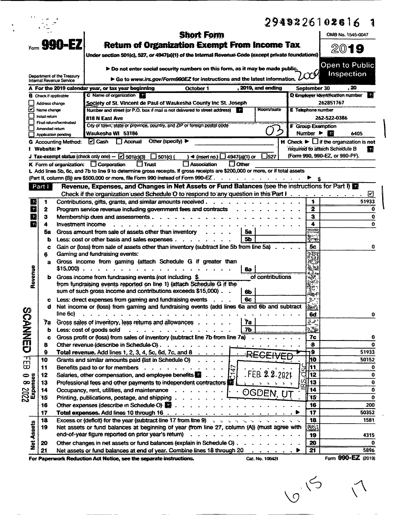 Image of first page of 2019 Form 990EZ for Societyof of St Vincent de Paul of Waukesha County