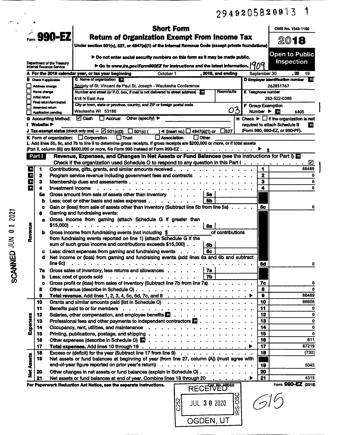 Image of first page of 2018 Form 990EZ for Societyof of St Vincent de Paul of Waukesha County