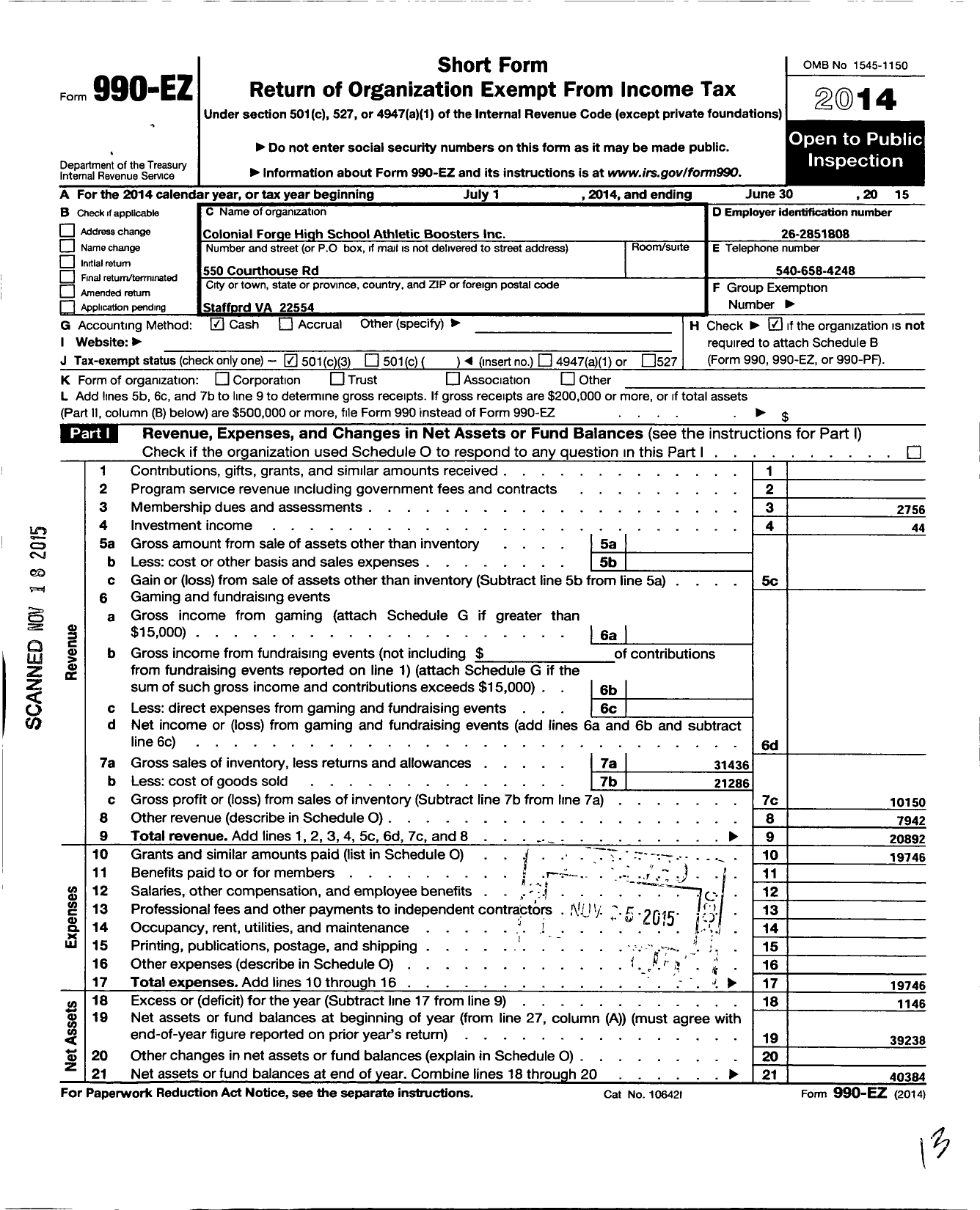 Image of first page of 2014 Form 990EZ for Colonial Forge High School Athletic Boosters