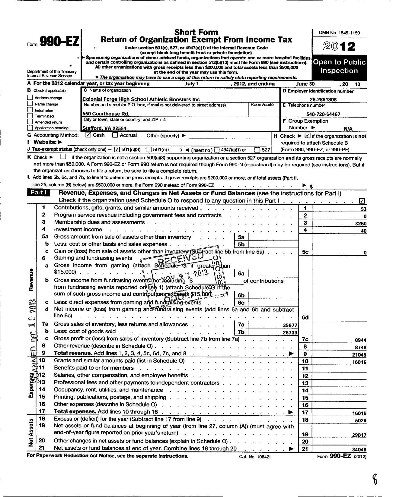 Image of first page of 2012 Form 990EZ for Colonial Forge High School Athletic Boosters