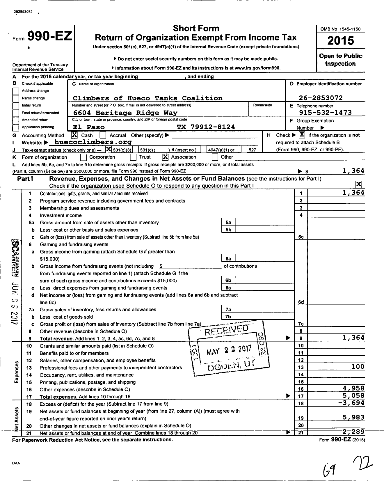 Image of first page of 2015 Form 990EZ for Climbers of Hueco Tanks Coalition