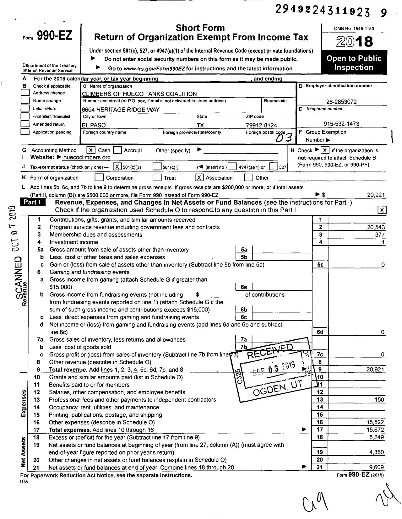 Image of first page of 2018 Form 990EZ for Climbers of Hueco Tanks Coalition