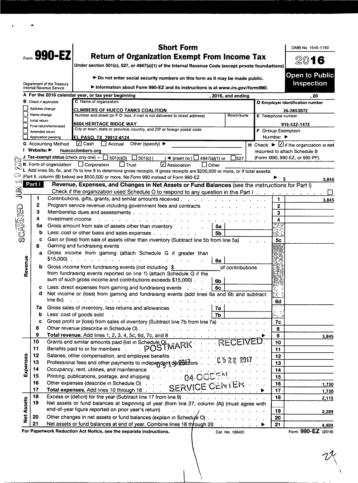 Image of first page of 2016 Form 990EO for Climbers of Hueco Tanks Coalition