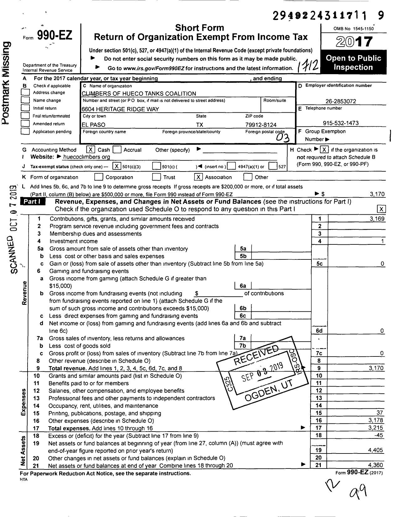 Image of first page of 2017 Form 990EZ for Climbers of Hueco Tanks Coalition