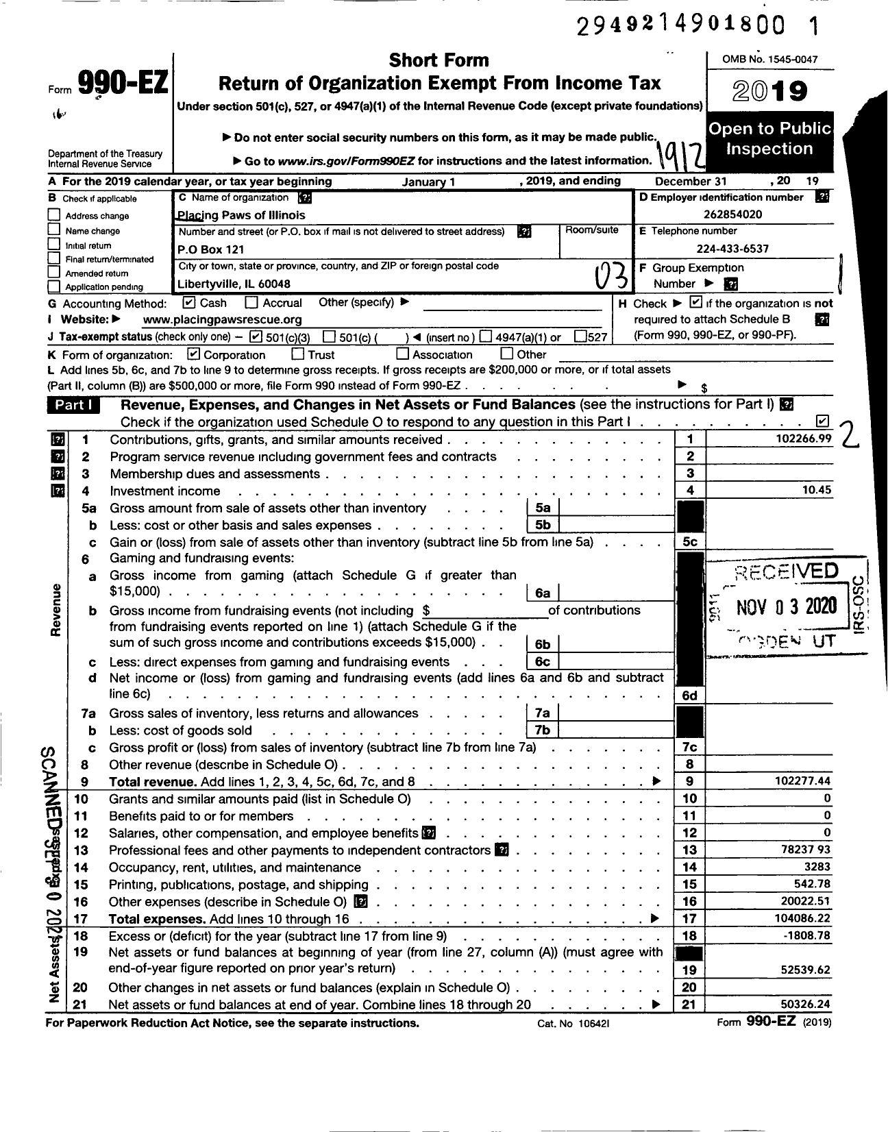 Image of first page of 2019 Form 990EZ for Placing Paws of Illinois