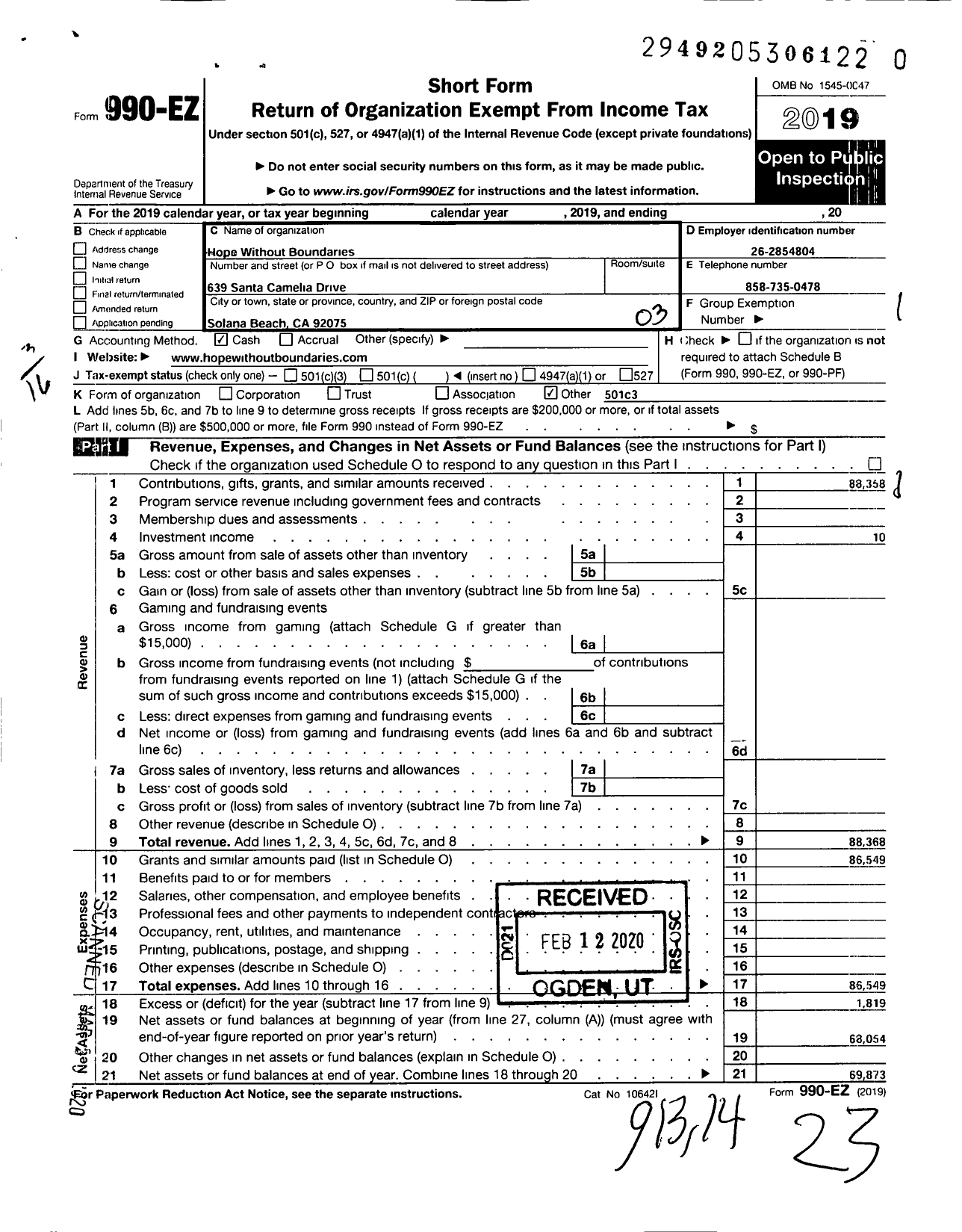 Image of first page of 2019 Form 990EZ for Hope Without Boundaries