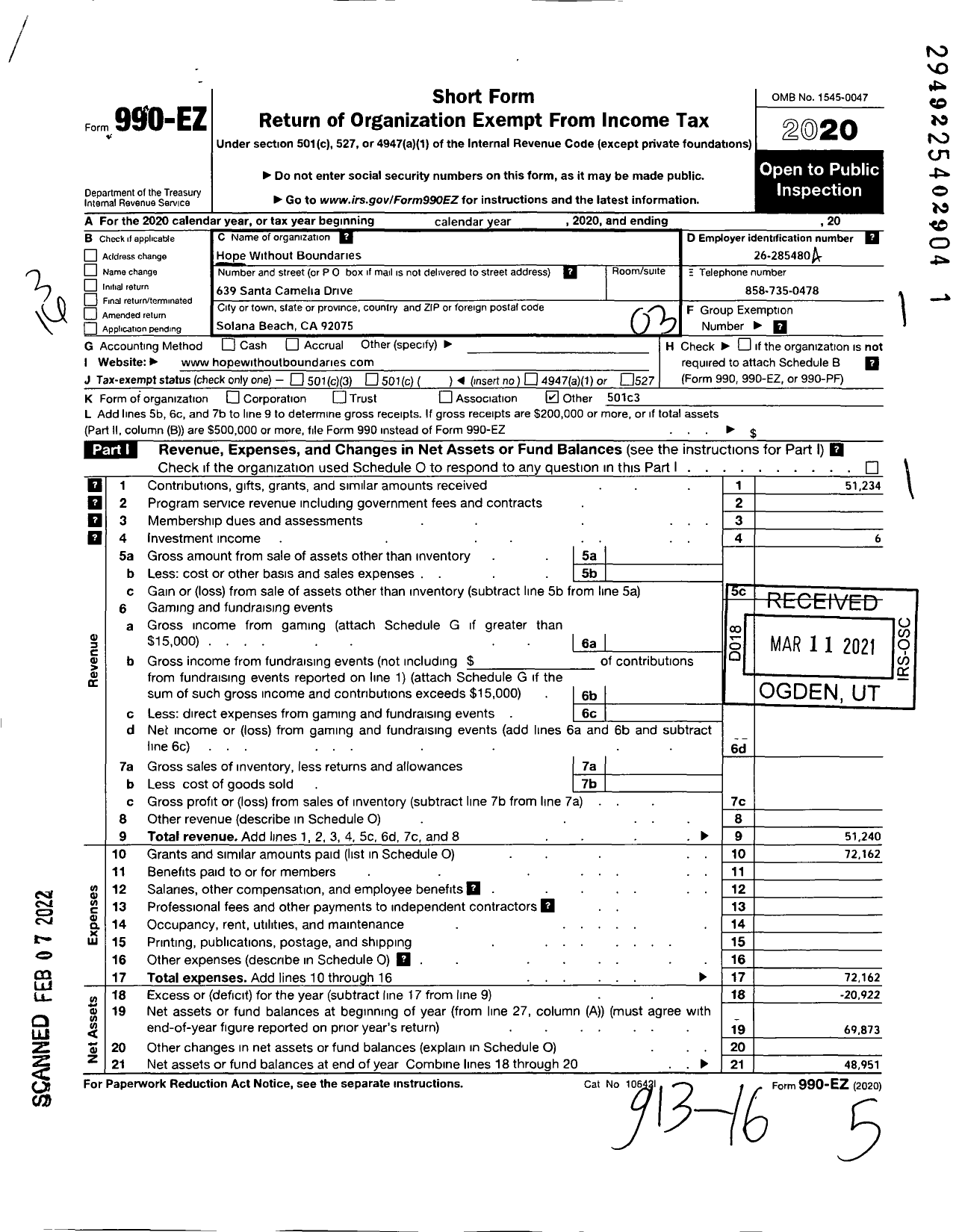 Image of first page of 2020 Form 990EZ for Hope Without Boundaries